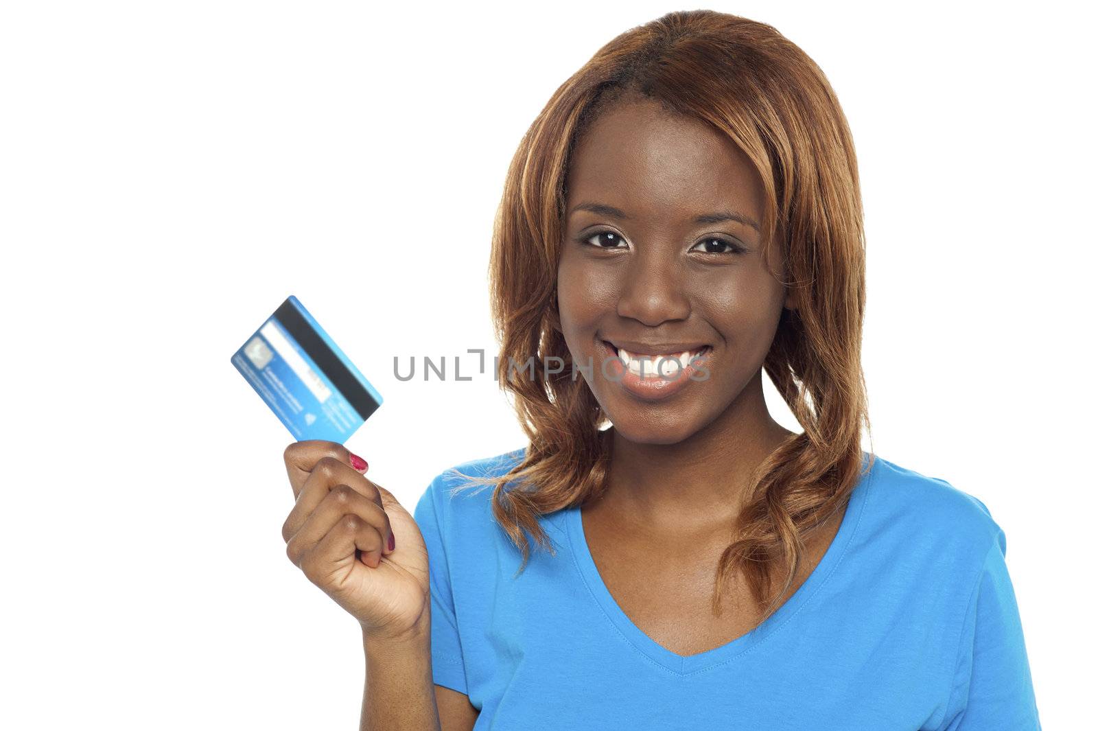 African beauty showing her credit card ready to make the payment for her purchases