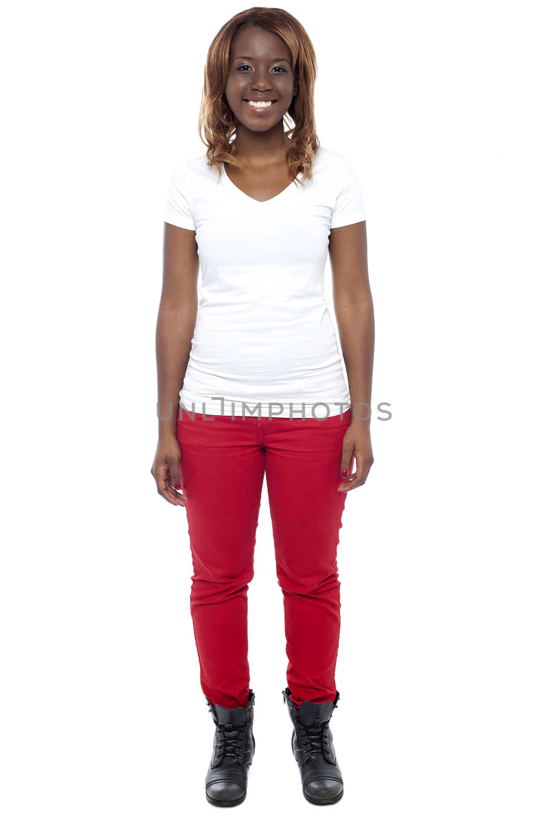 Full length shot of trendy girl in boots isolated over white background