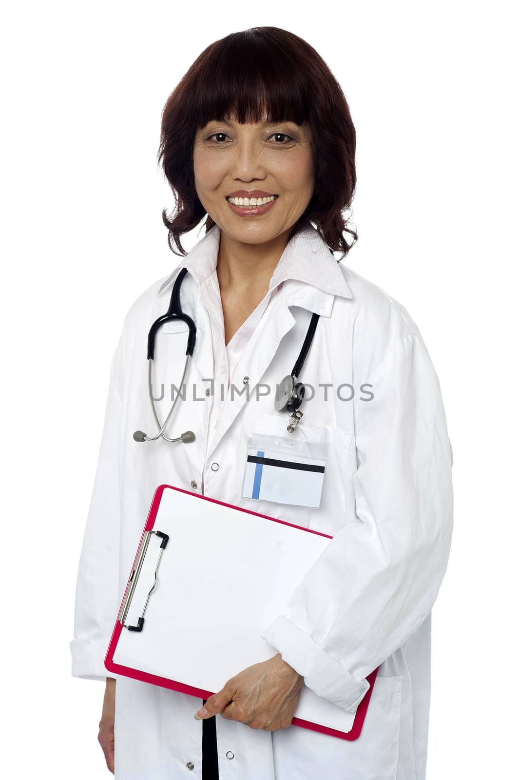 Medical expert holding clipboard. Ready to go on her scheduled rounds in hospital. All on white background