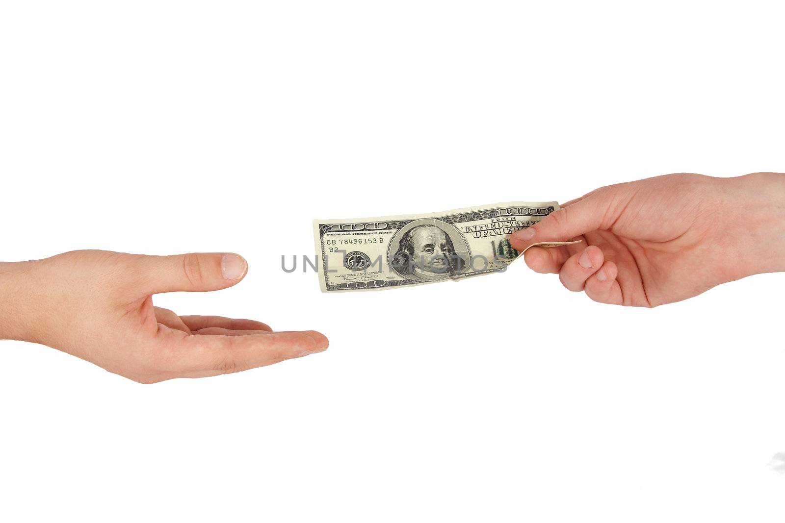 Hand giving money to other hand isolated