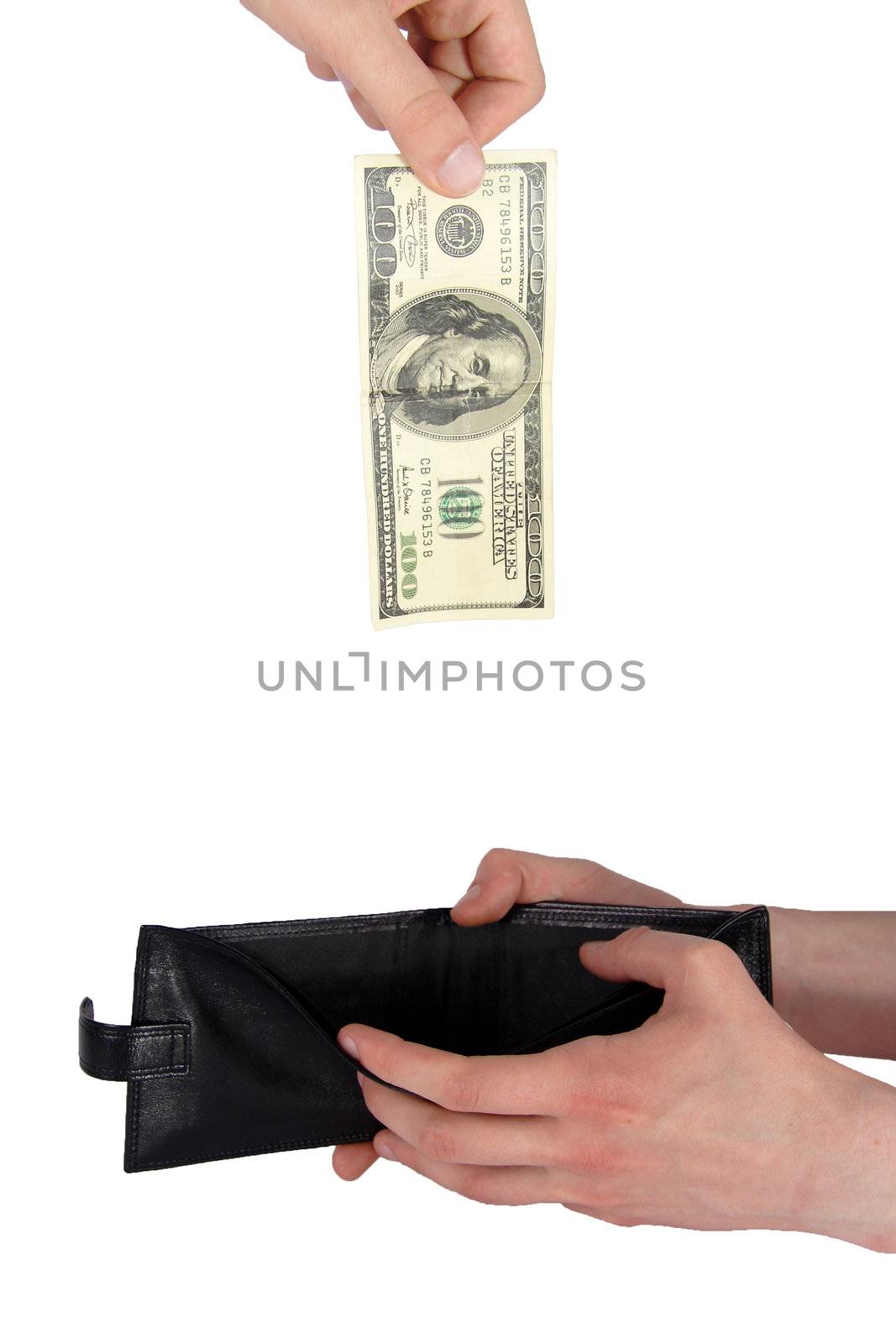 Hand giving money to other hand isolated