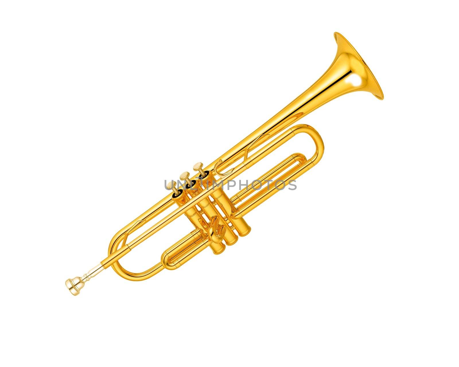 brass trumpet over white background