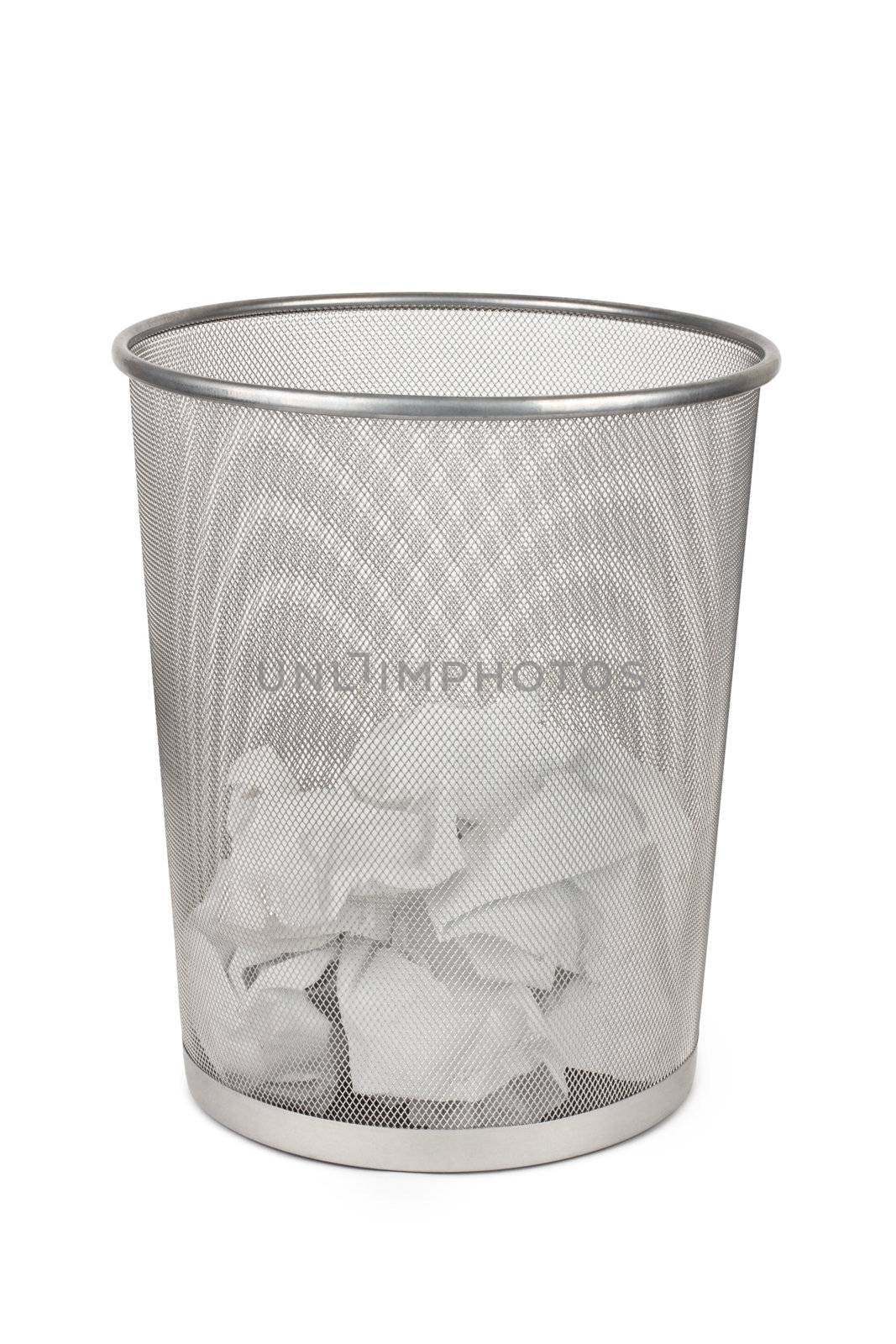 Metal trash bin for paper isolated on white