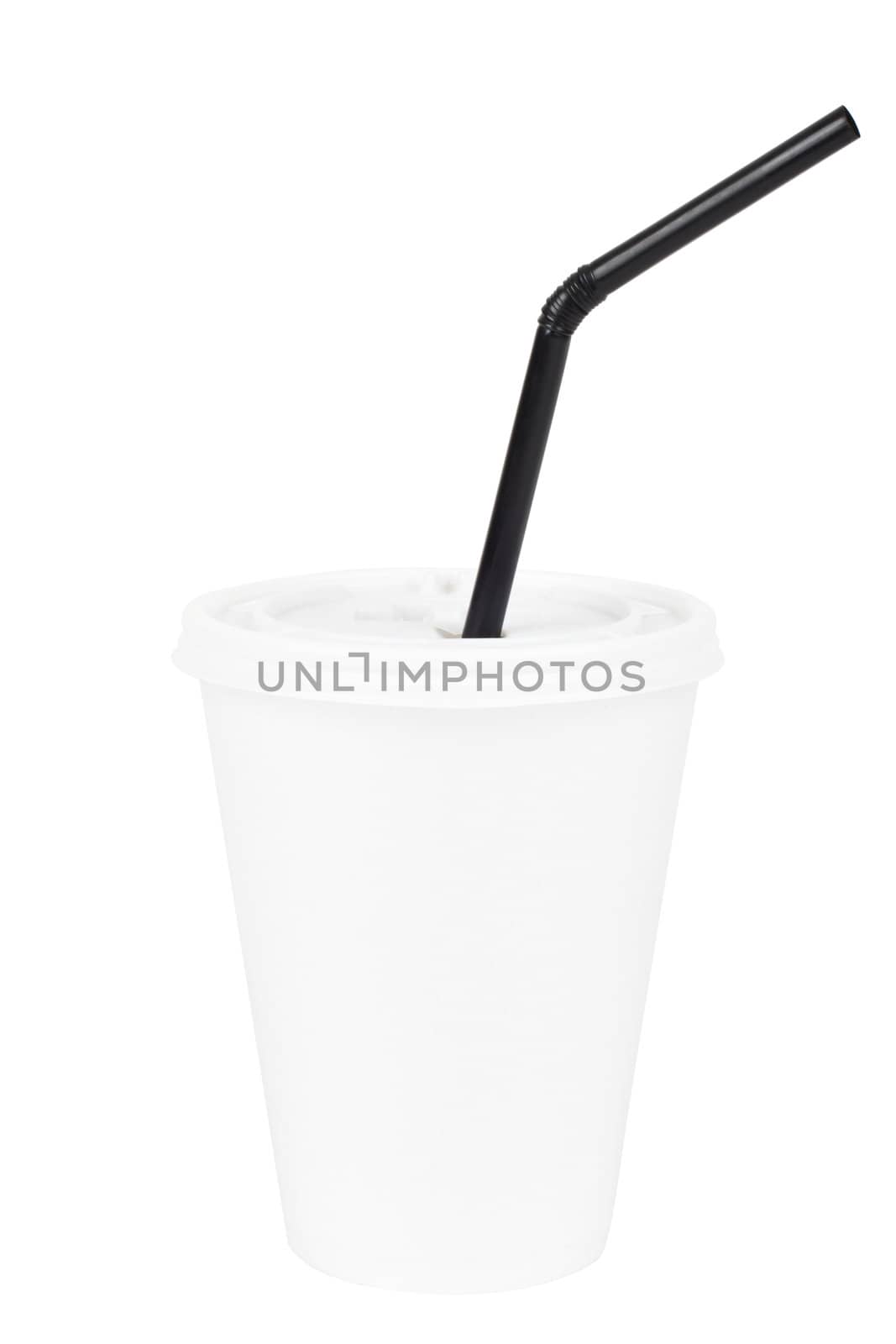 White paper cup and black drinking straw isolated on white background