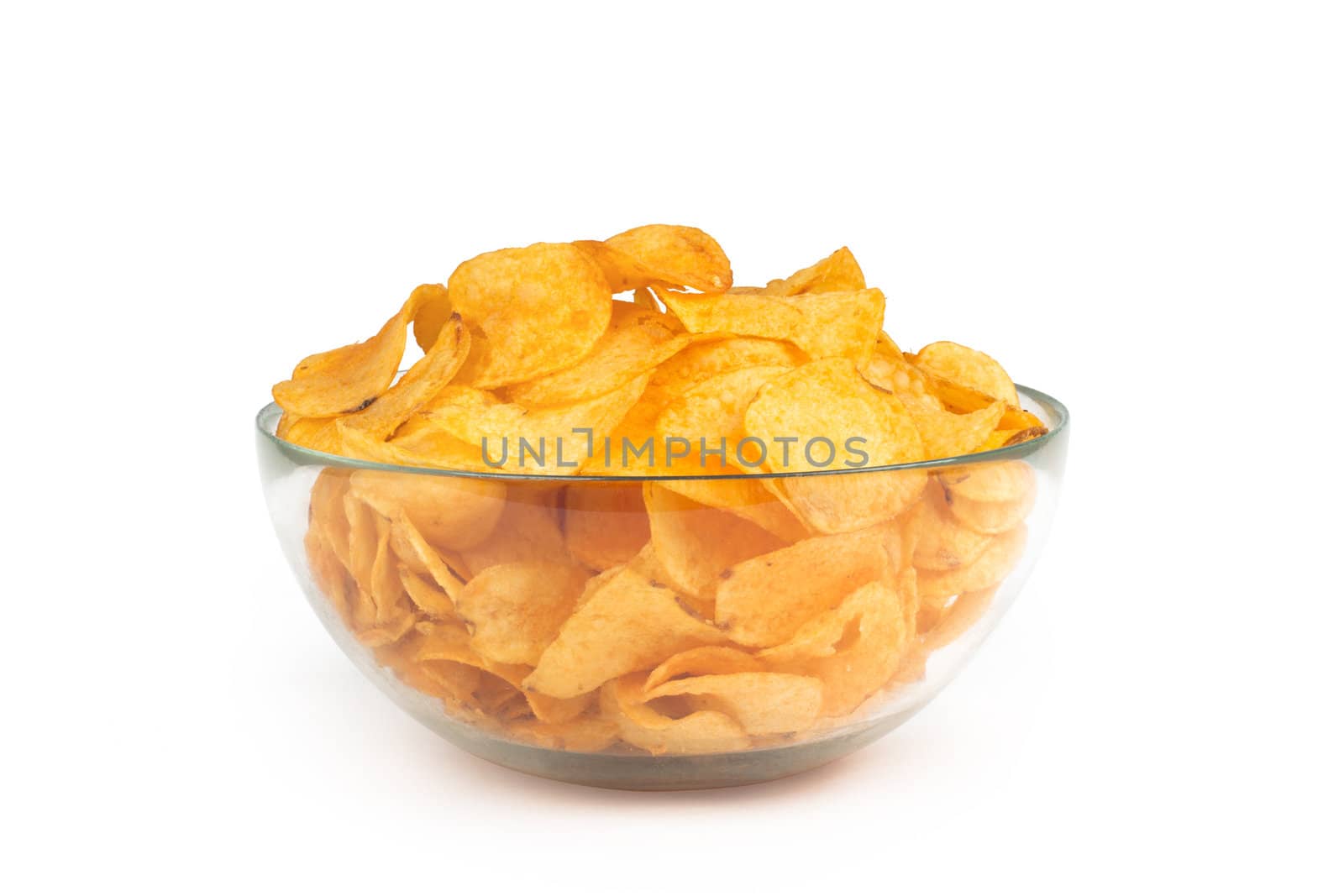 Bowl of potato chips isolated on white background