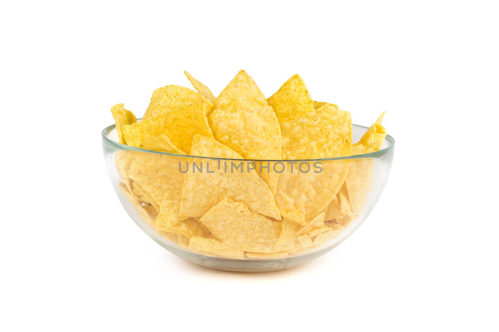 the nachos chips in bowl on white background