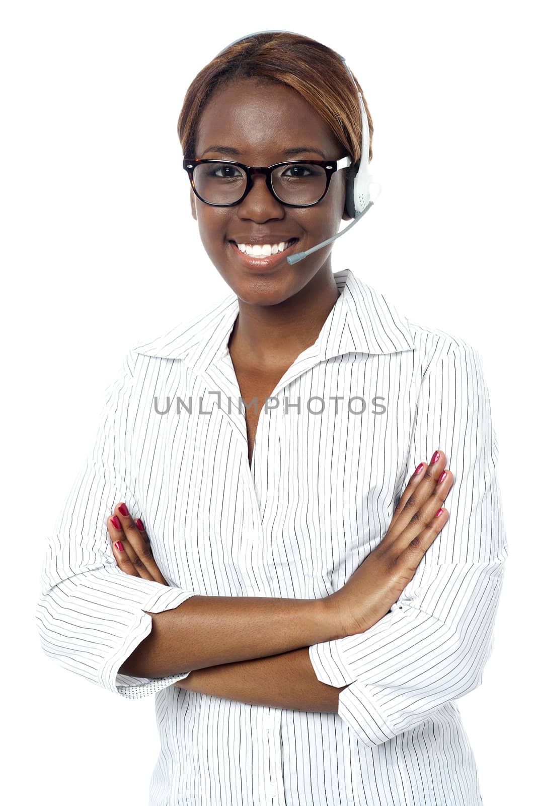 Confident operator lady smiling, wearing headset. All on white background
