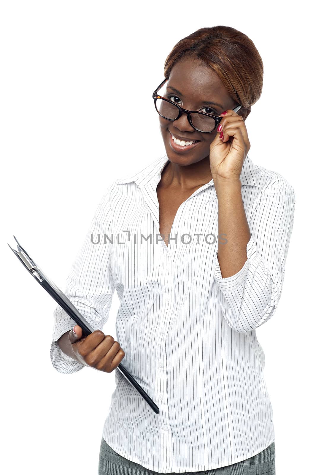 Businesswoman holding file and adjusting her spectacles. All on white background