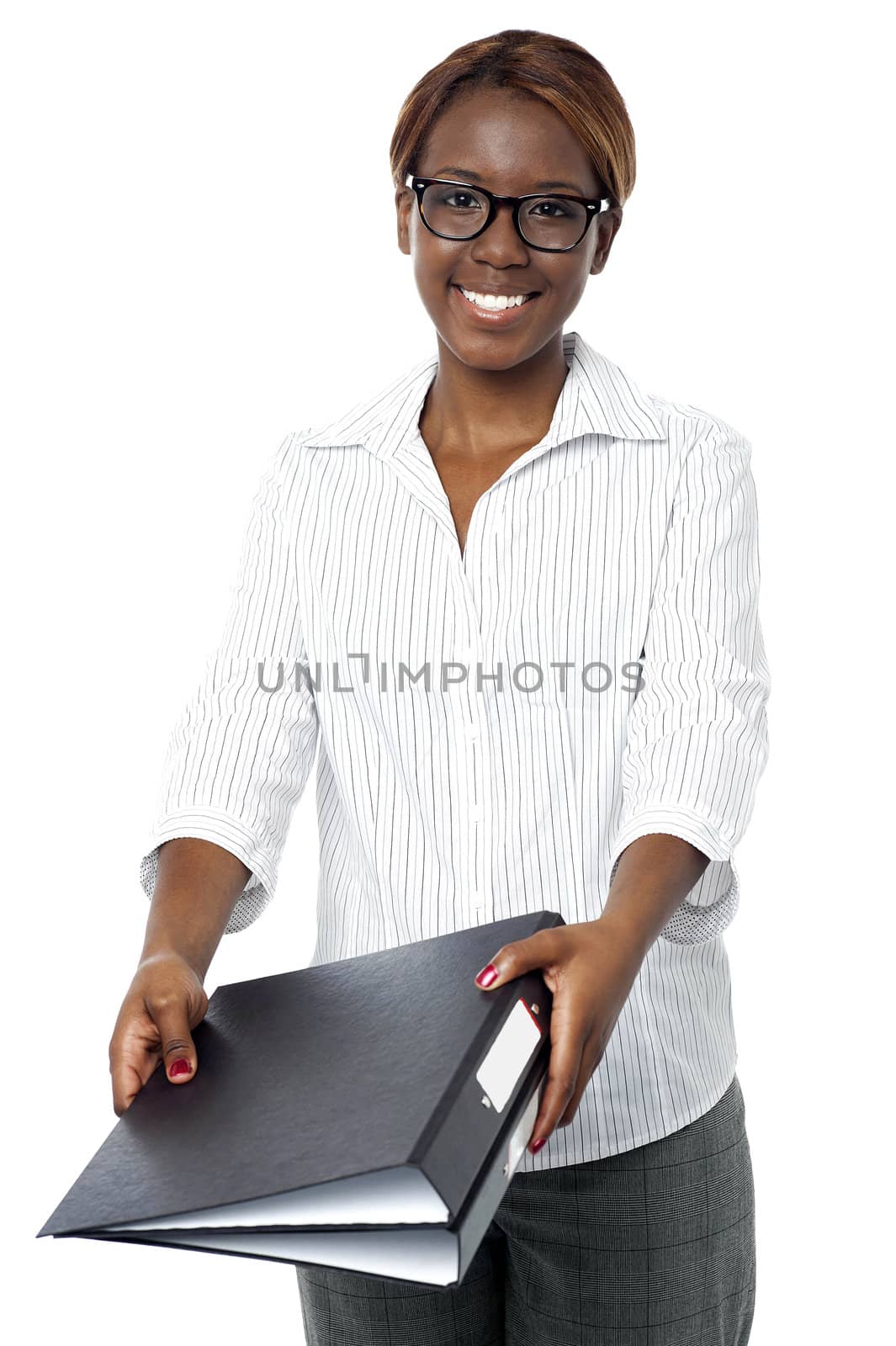 Confident female secretary submitting her binder to her boss
