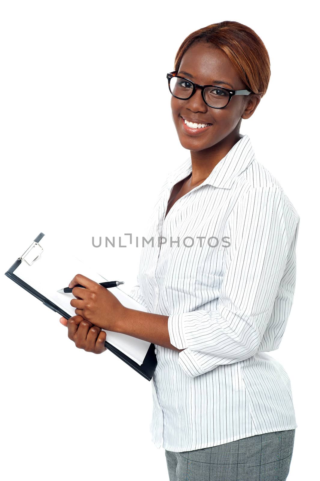 Lady secretary ready to take down important notes. All on white background