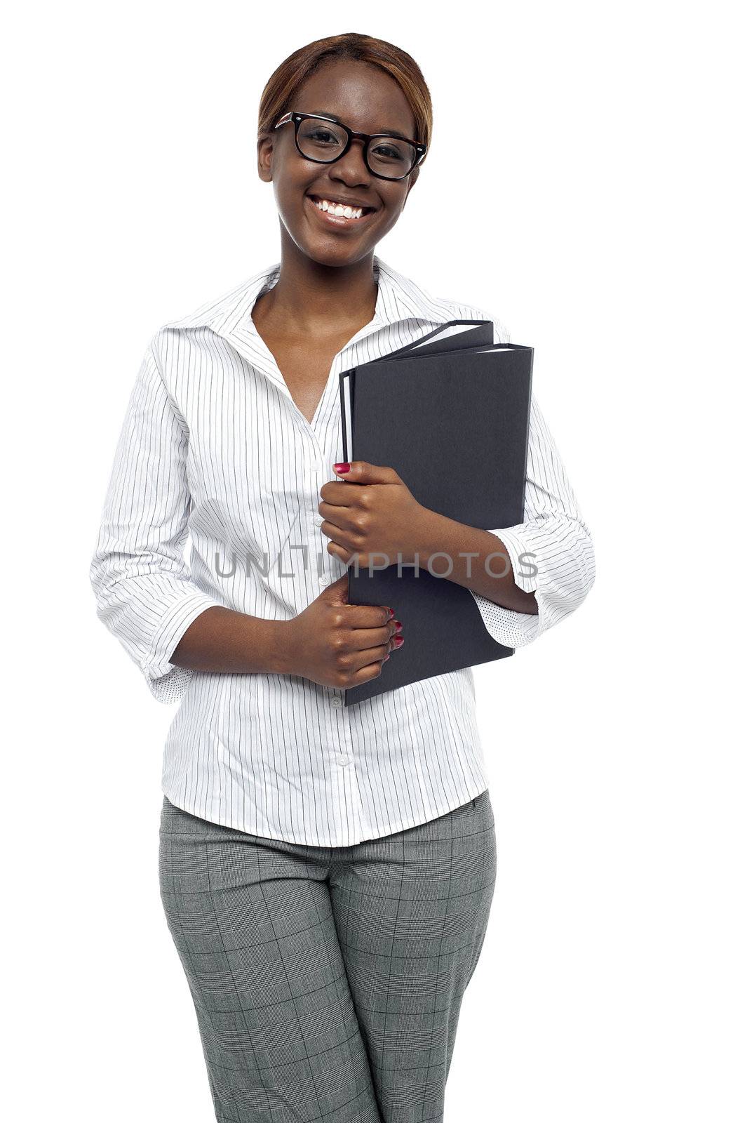 Female representative posing with file folder isolated against white background