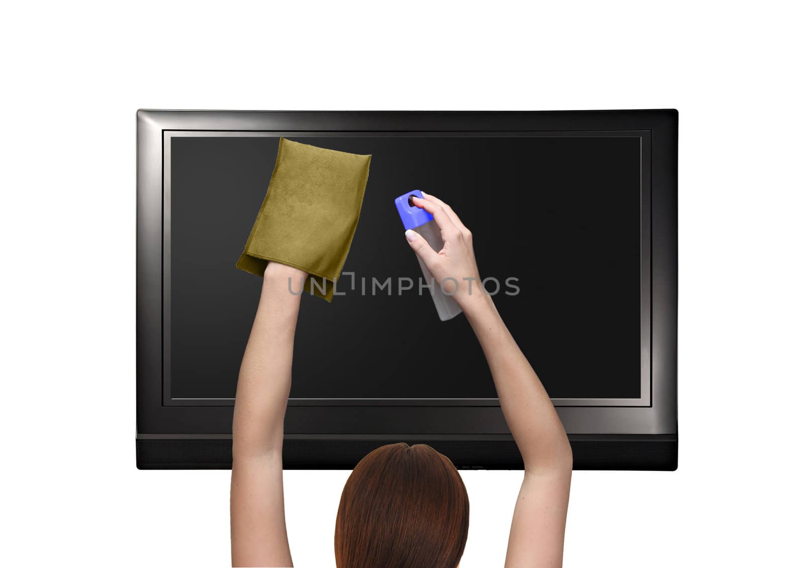 woman cleaning computer display isolated