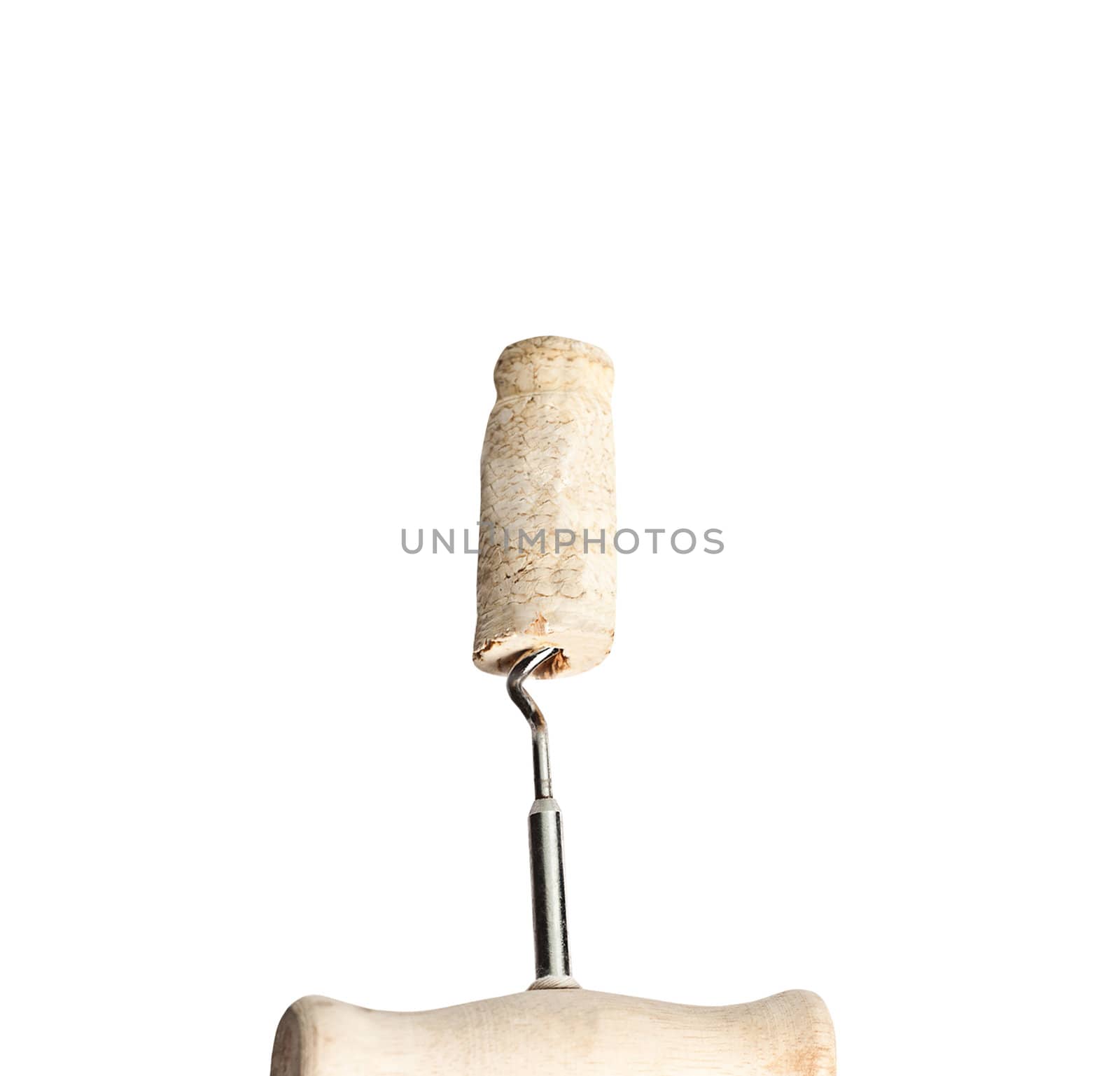 Cork and corkscrew on white background