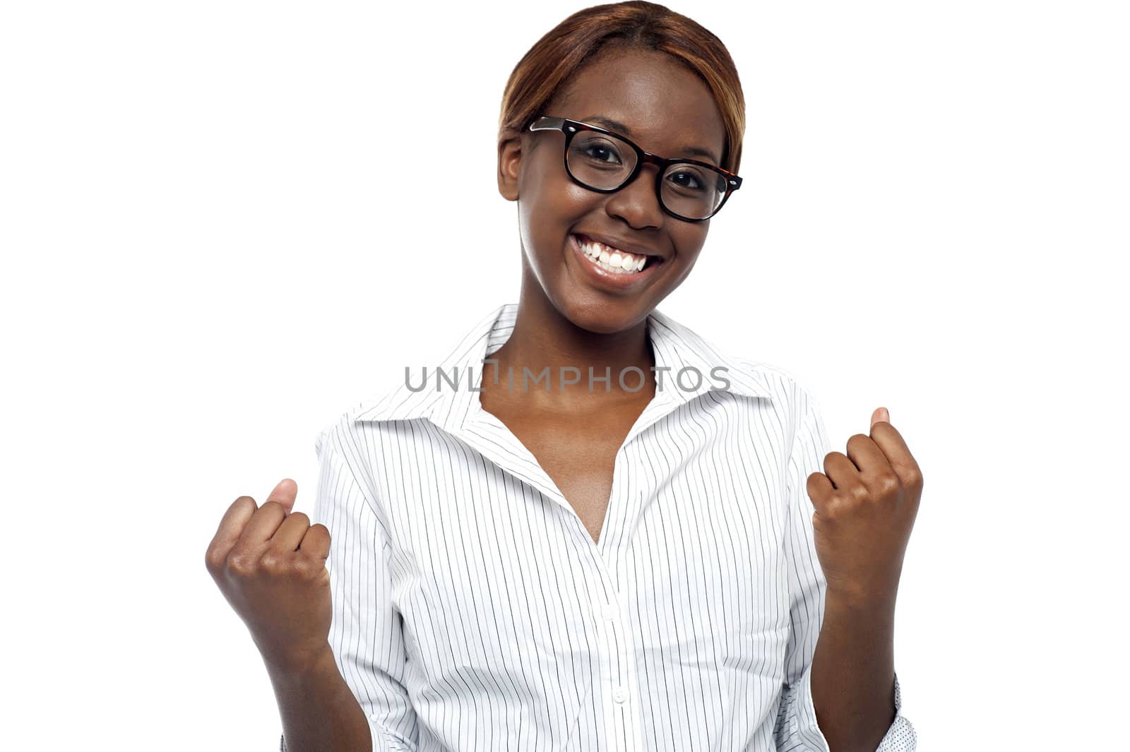 Businesswoman expressing her success. Yes, we did it! Business success concept