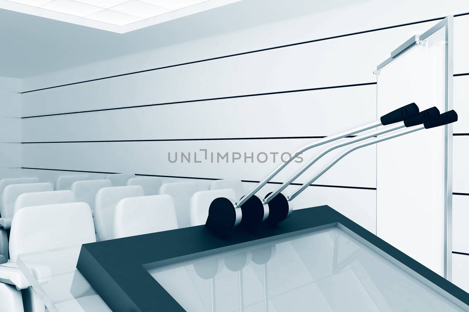 Microphones and visual board in modern conference room