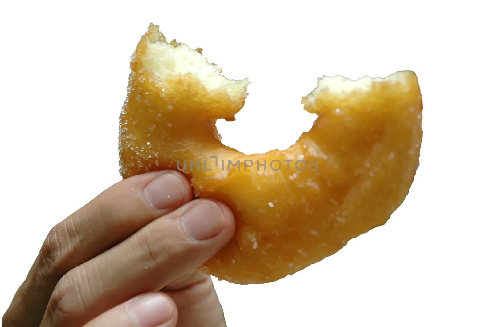 Single bitten cake donut on a white background