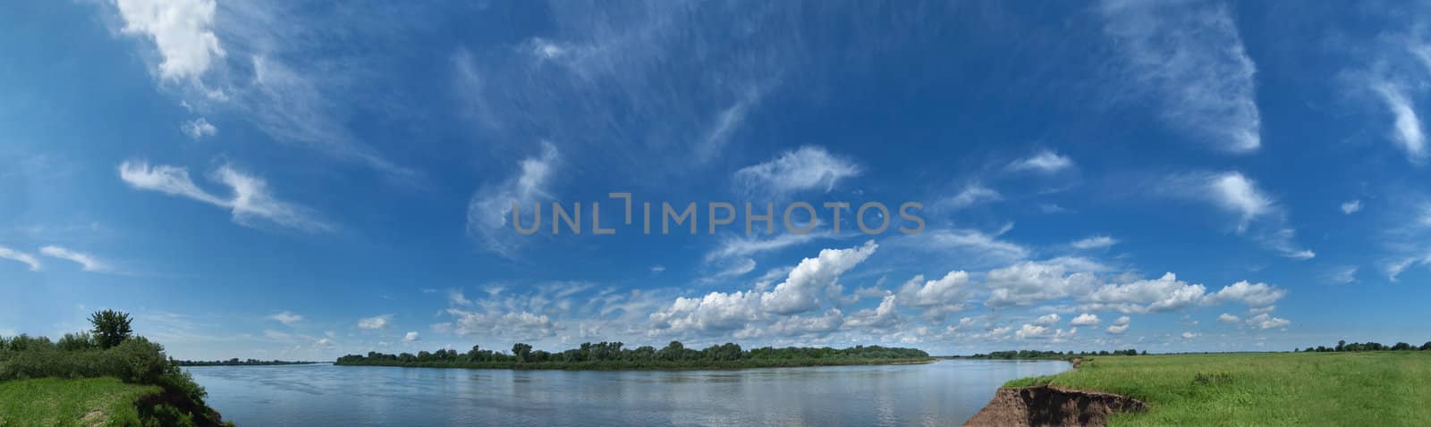 Summer panorama view with river and deep blue sky by kvinoz