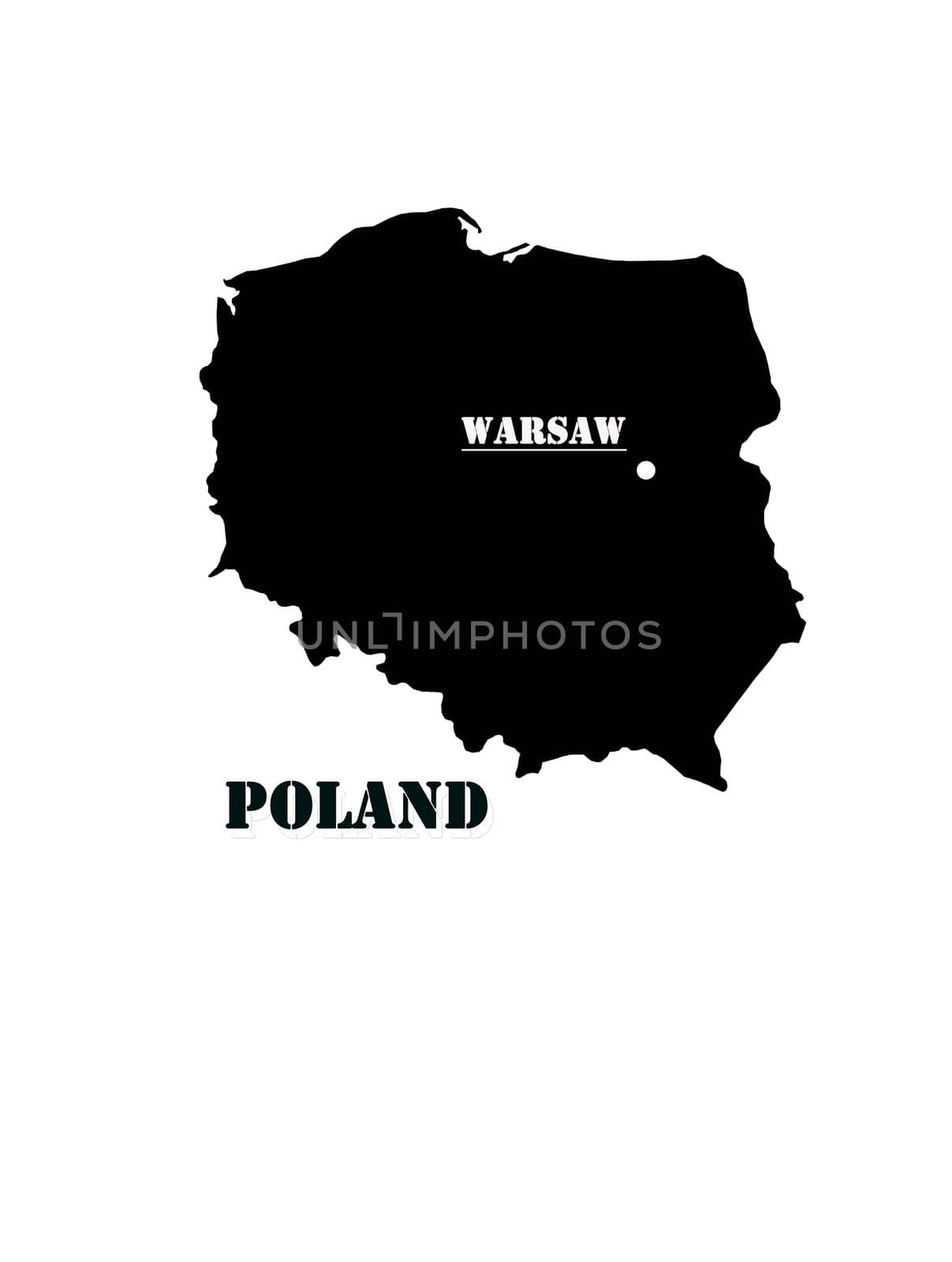 Black silhouette of a map of Poland with a designation of capital