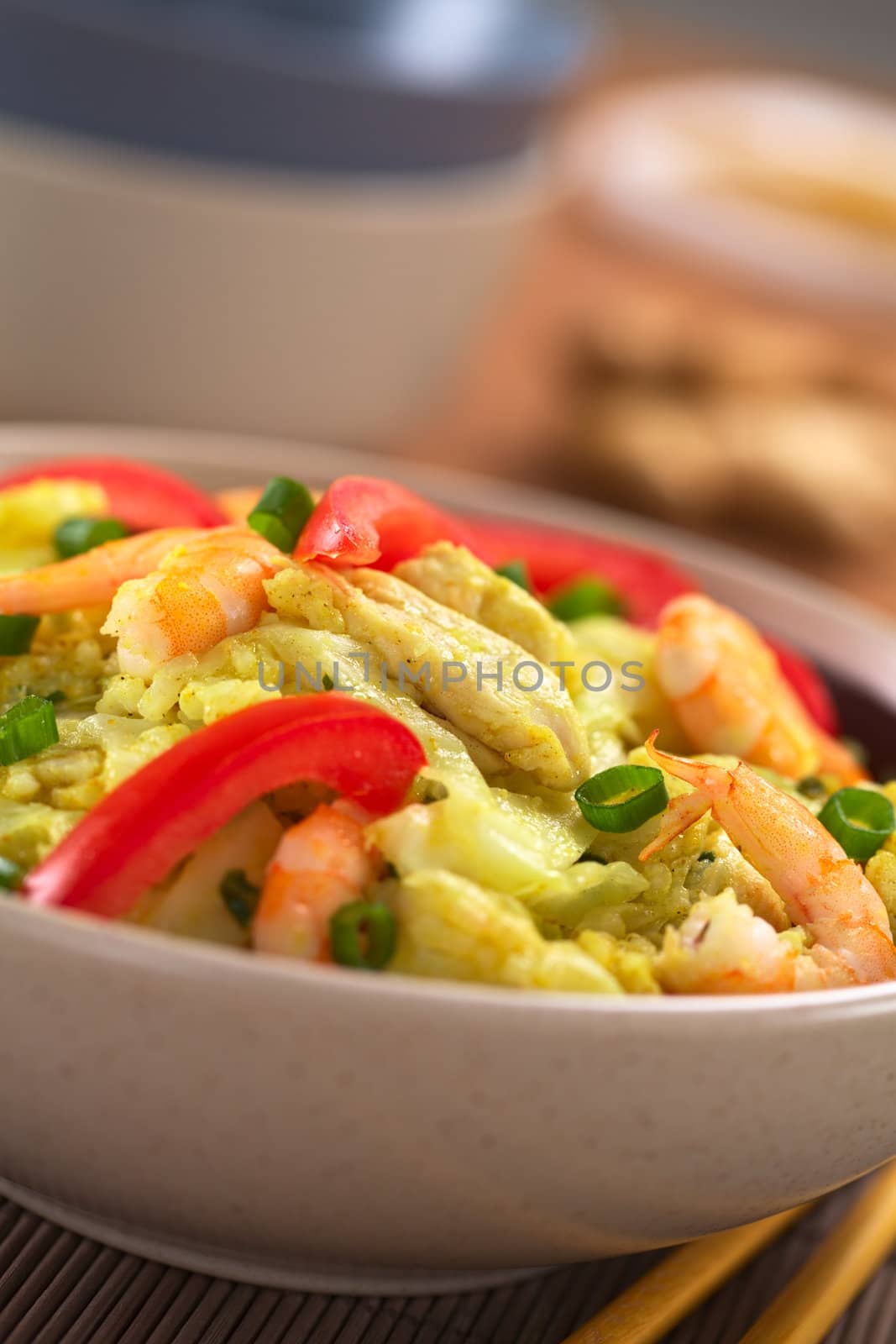 Bowl of spicy rice dish with cabbage, chicken and shrimp, garnished wih tomato slices and scallion (Selective Focus, Focus on the middle of the dish)