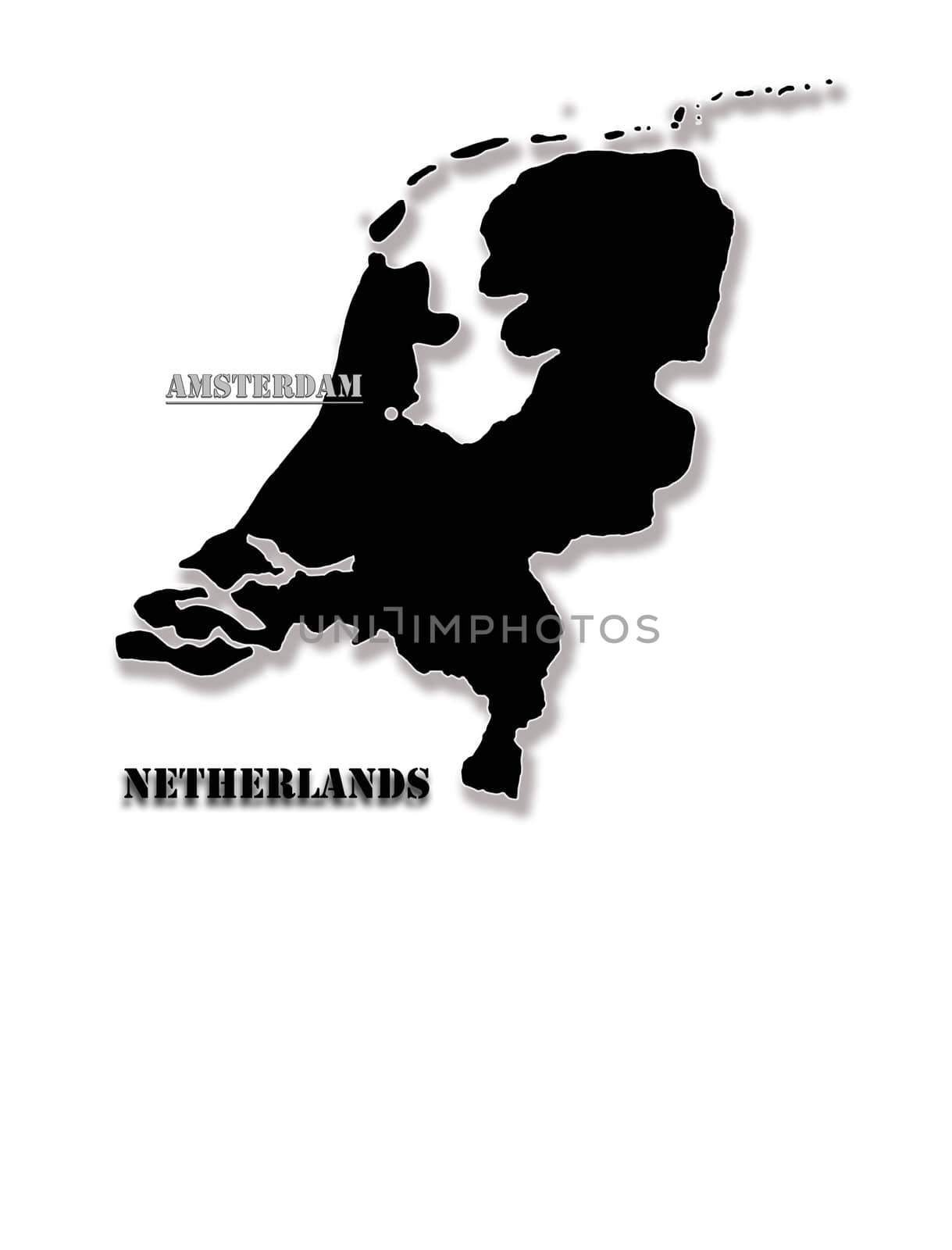 Black silhouette of a map of Holland with capital