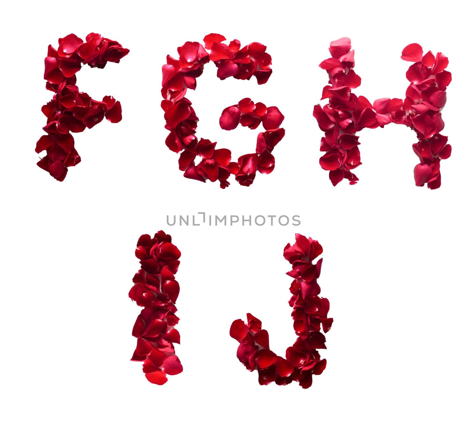 Alphabet letter F - J made from red petals rose isolated on a wh by kurapy