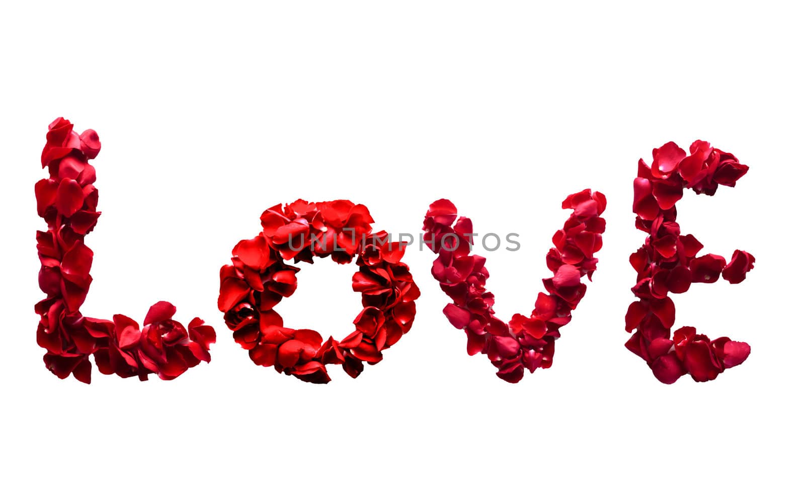 Alphabet letter LovE made from red petals rose isolated on a white background