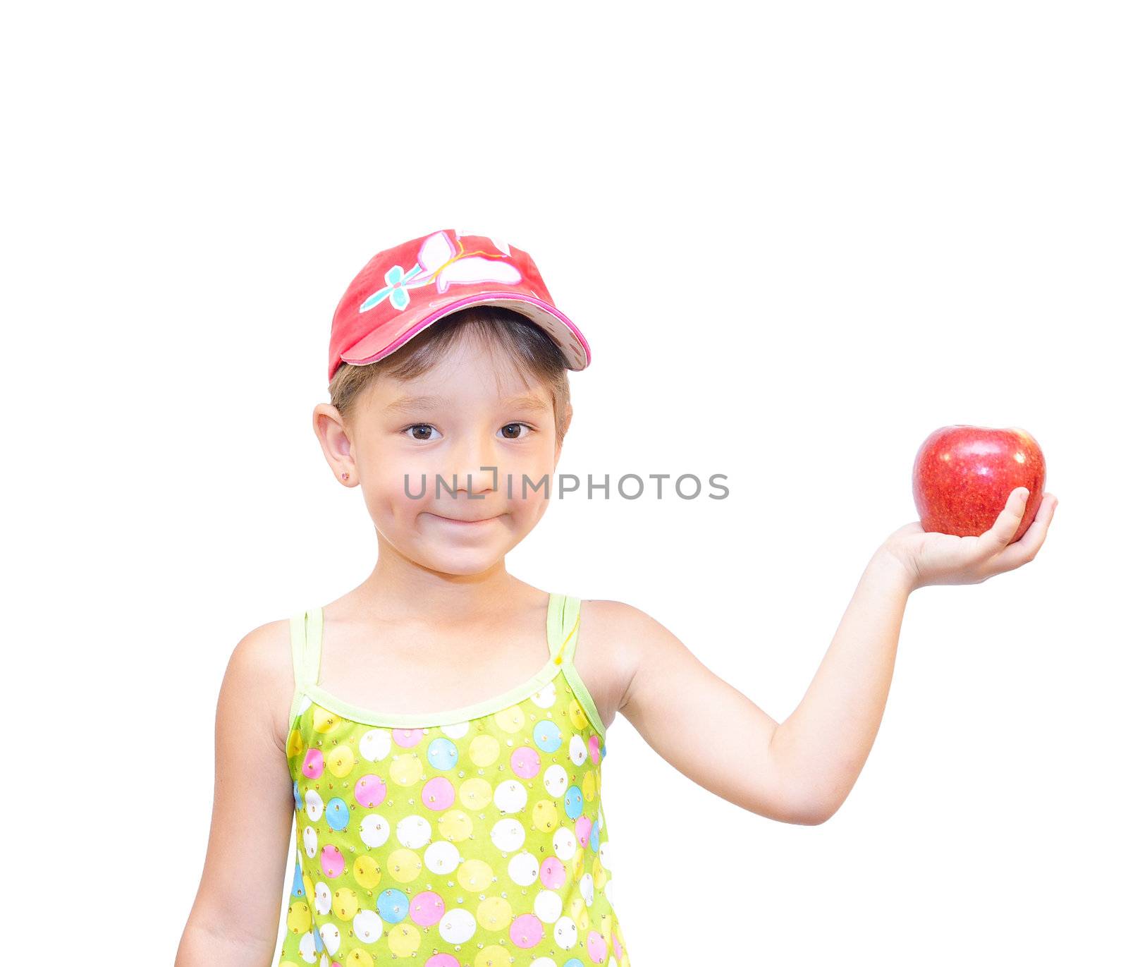The Child and apple on white background.