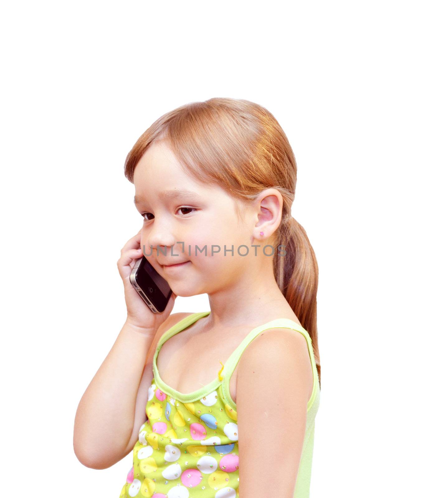 The Child and telephone, on white background.  
