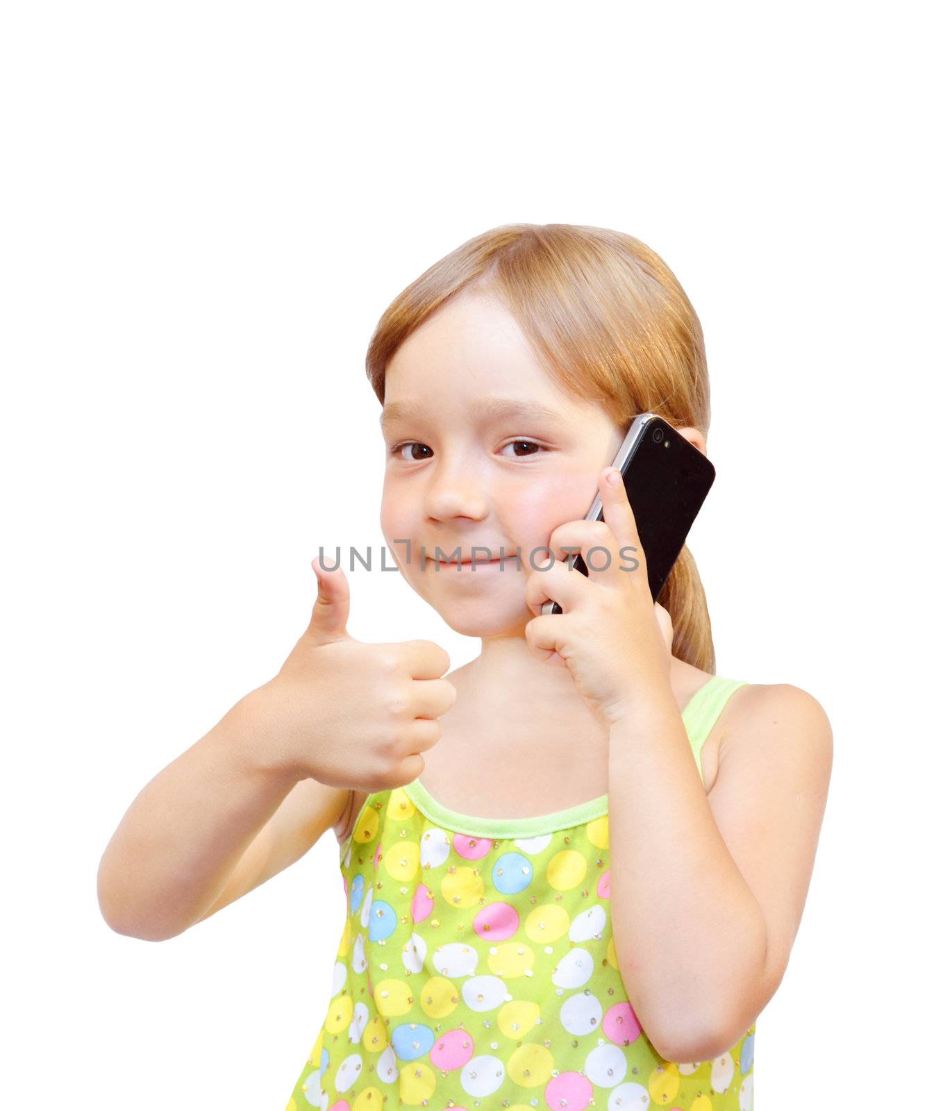 The Child and telephone, on white background.  