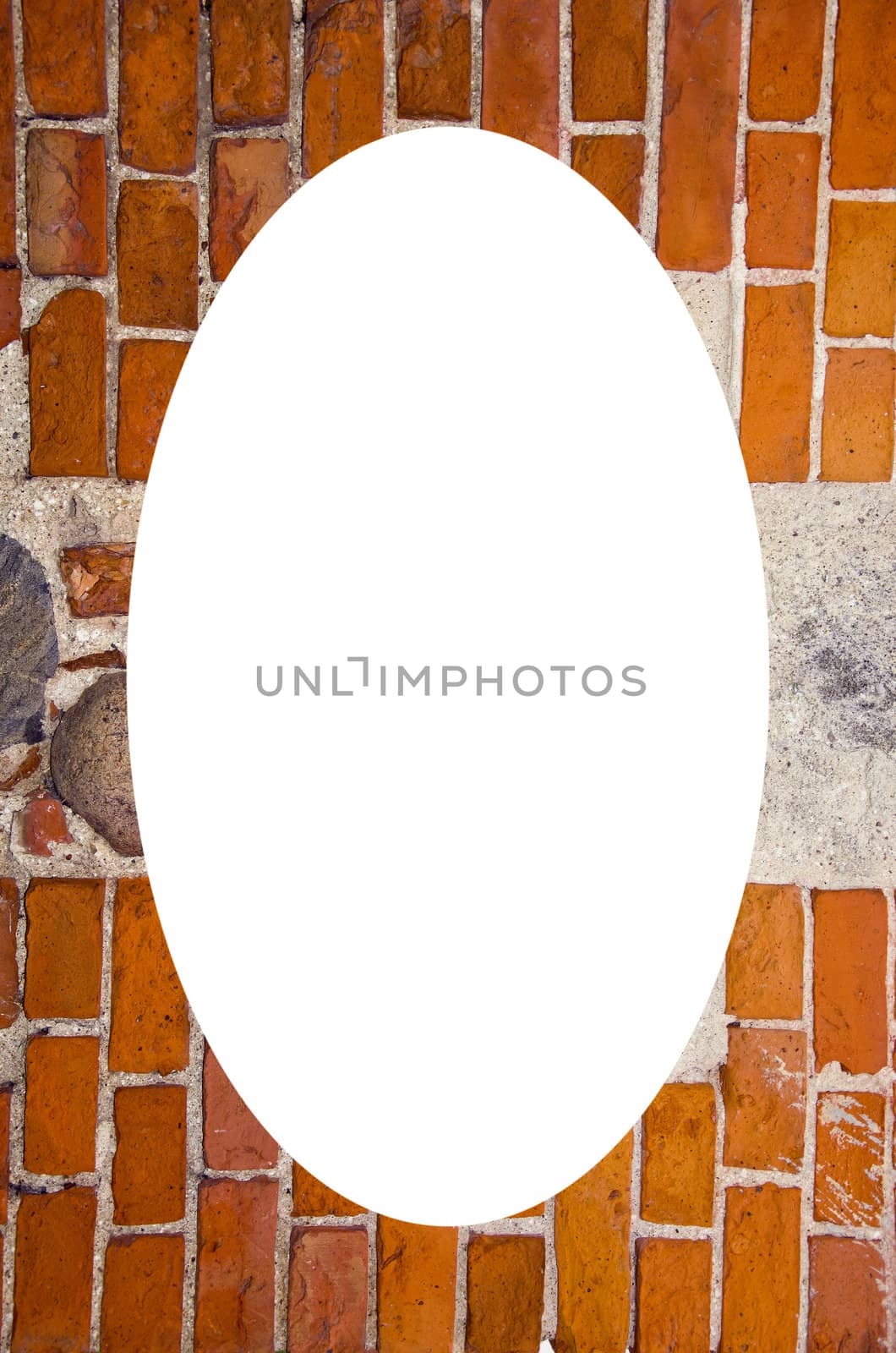 red brick stones wall and white oval in center by sauletas