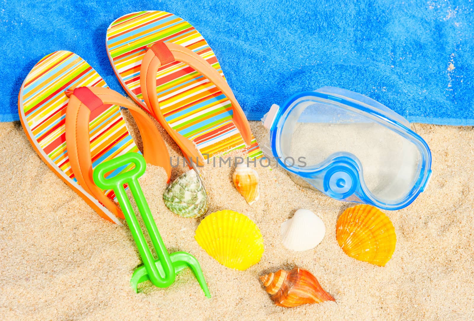 Holiday background. Seashells and diving mask on the beach