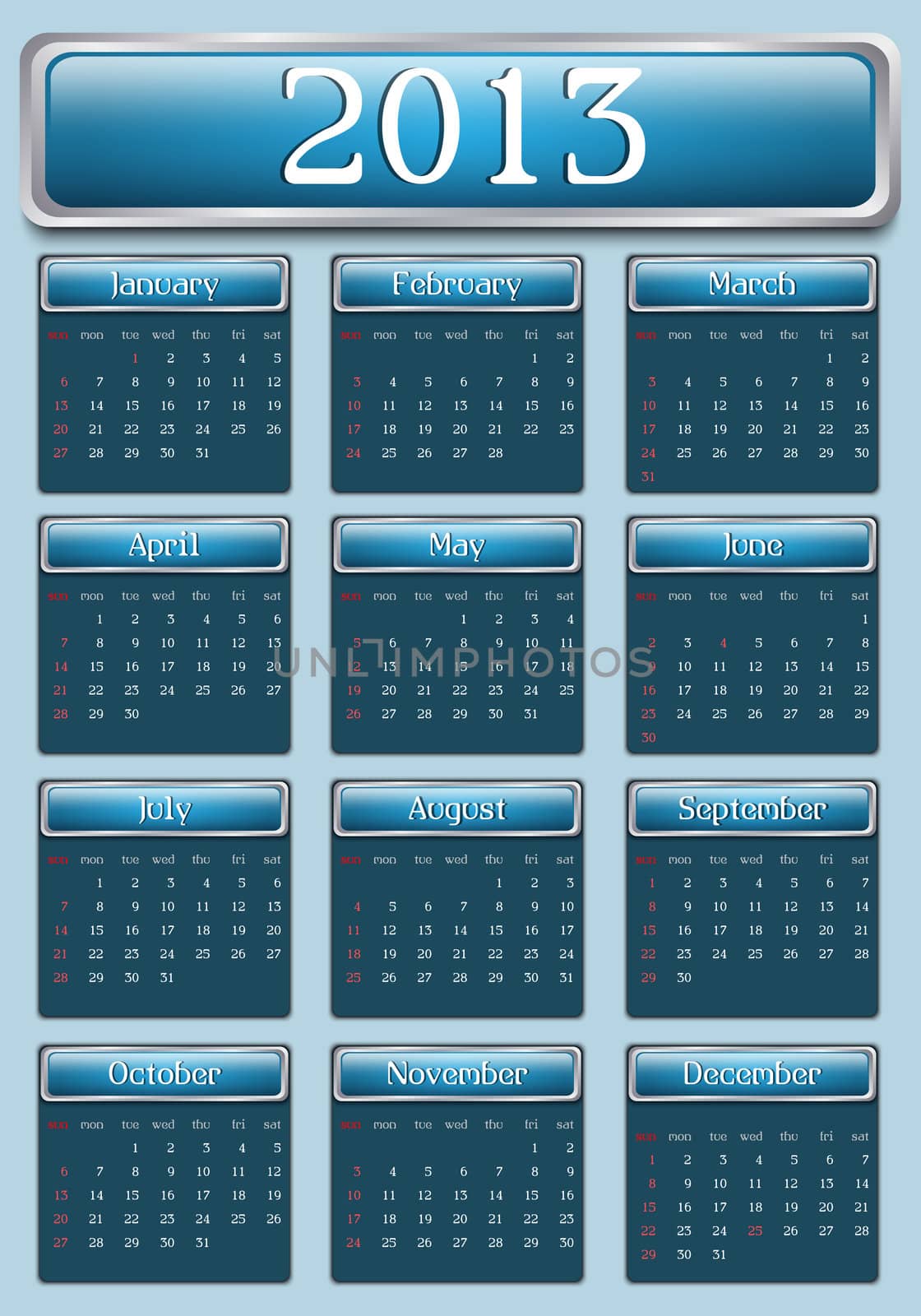 2013 Blue Calendar, Sunday start day