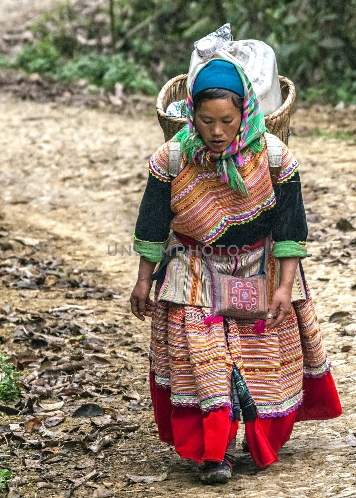 Vietnam Ban Pho - March 2012: Hmong woman with loaded basket on  by Claudine