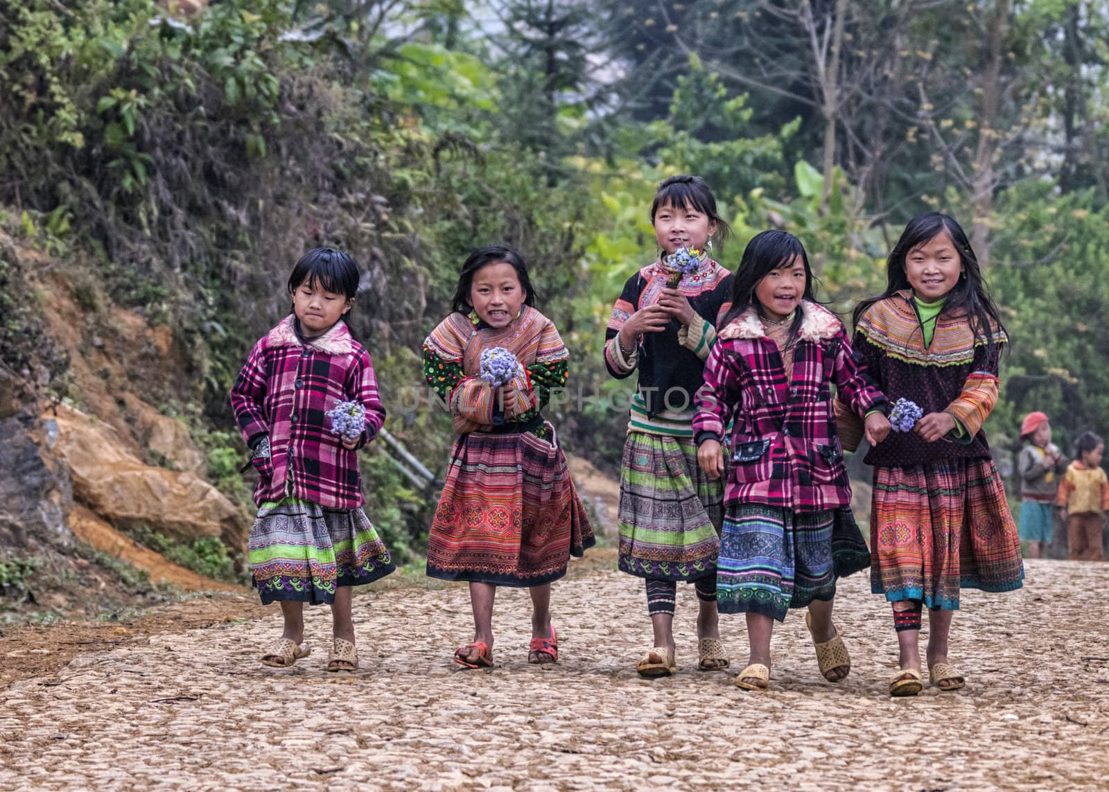 Five young beauties in colorful traditional dress with wild flowers and big smiles.