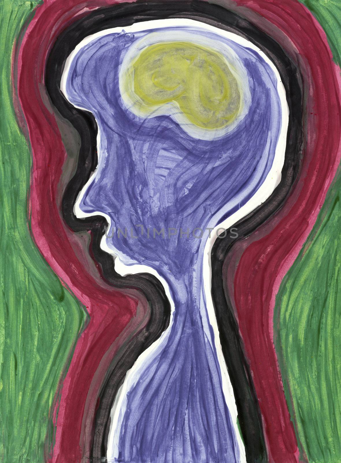 Abstract painting of human profile with brain