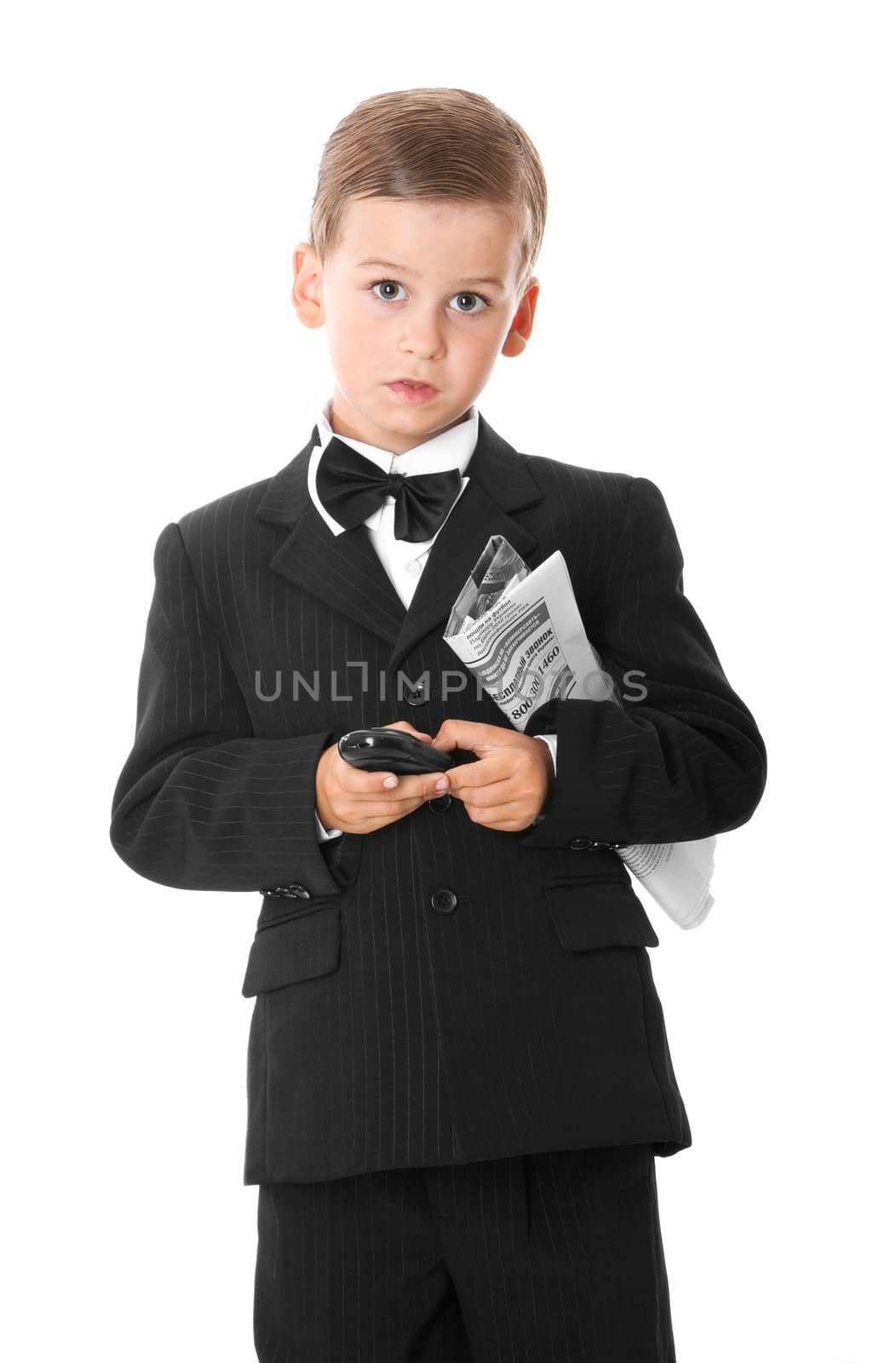 Boy holding a cellphone and newspaper isolated on white background