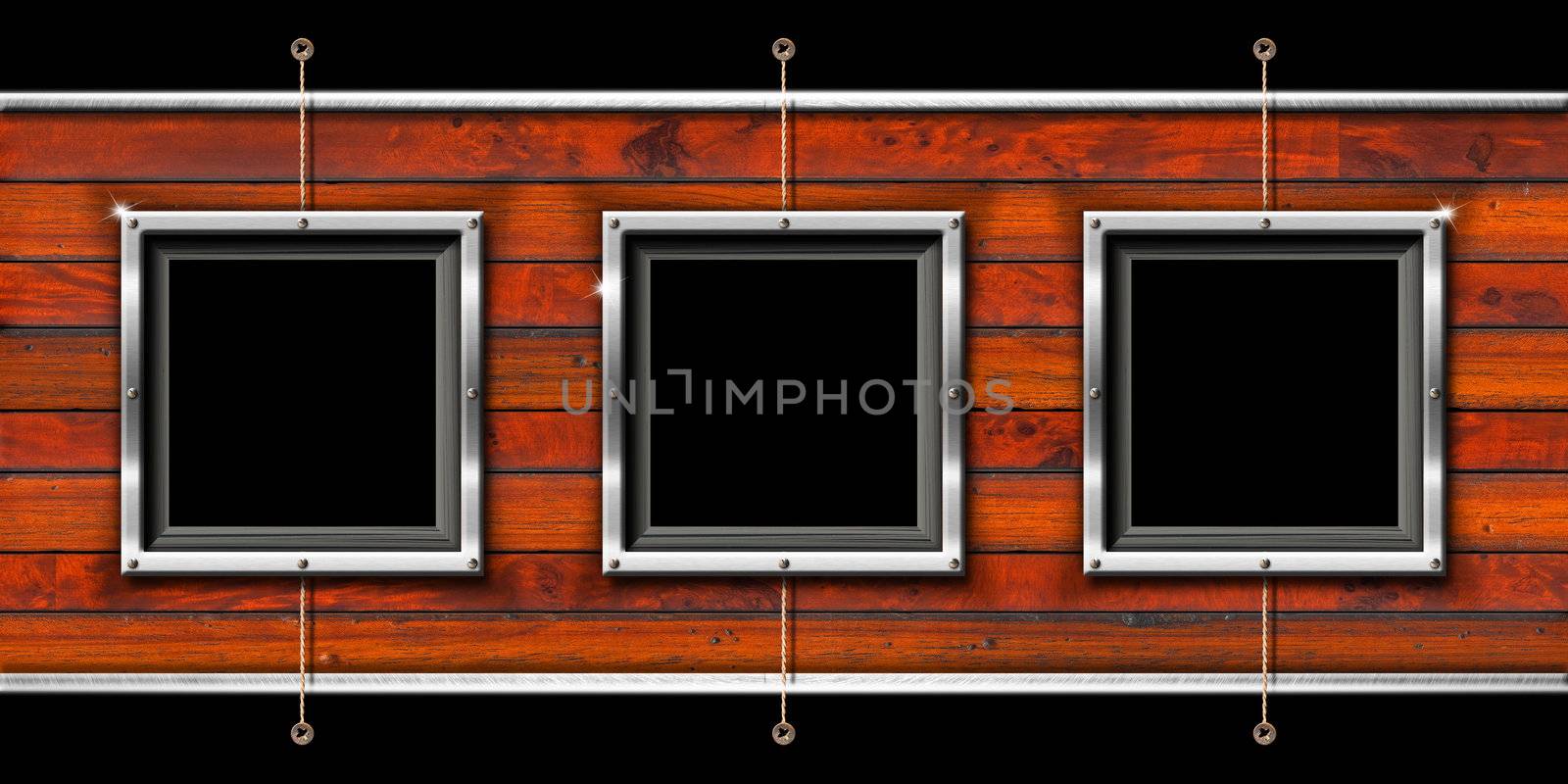 Horizontal and wooden background with three metallic frames

