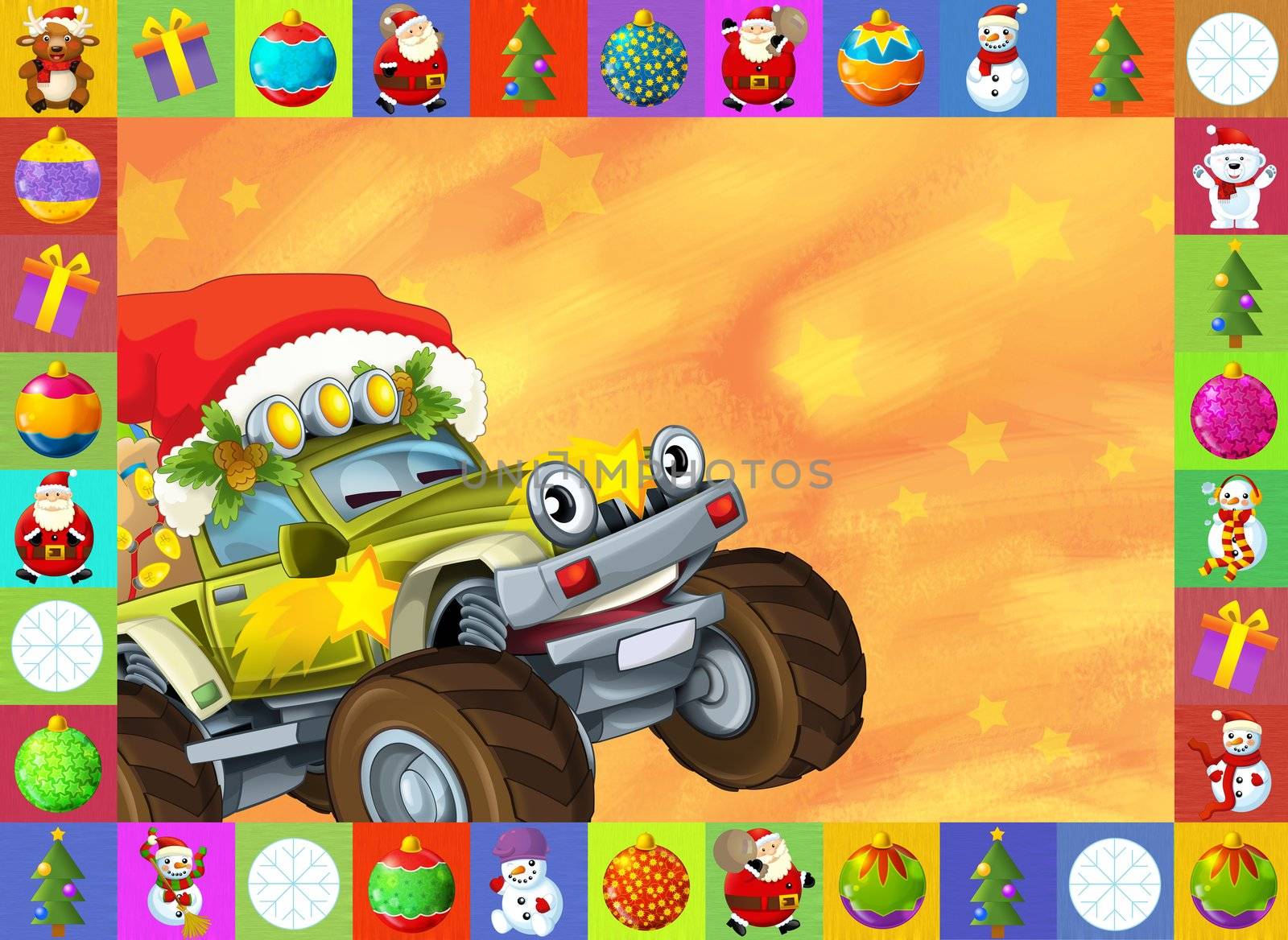 Two important children subjects - cars and christma - beautiful illustration for the children with many different elements