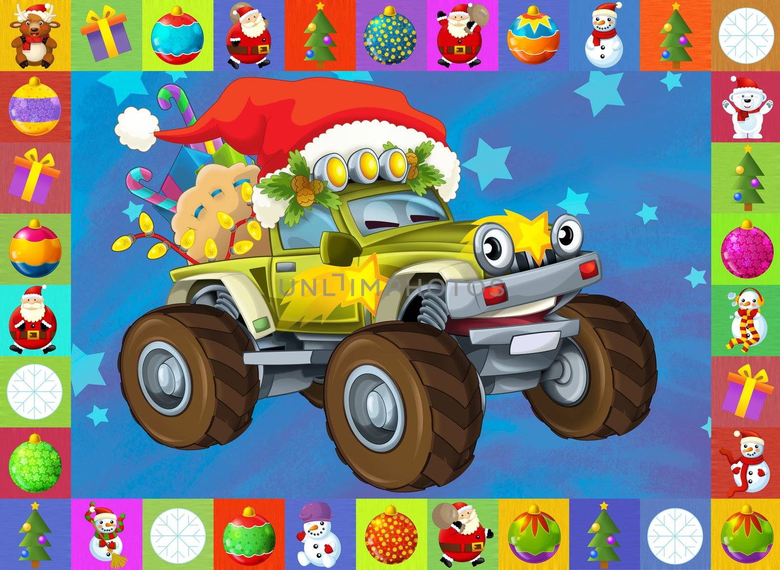 Two important children subjects - cars and christma - beautiful illustration for the children with many different elements
