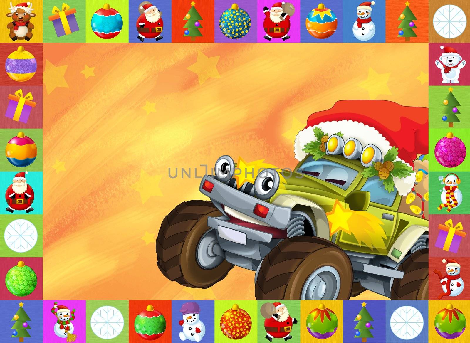 Two important children subjects - cars and christma - beautiful illustration for the children with many different elements