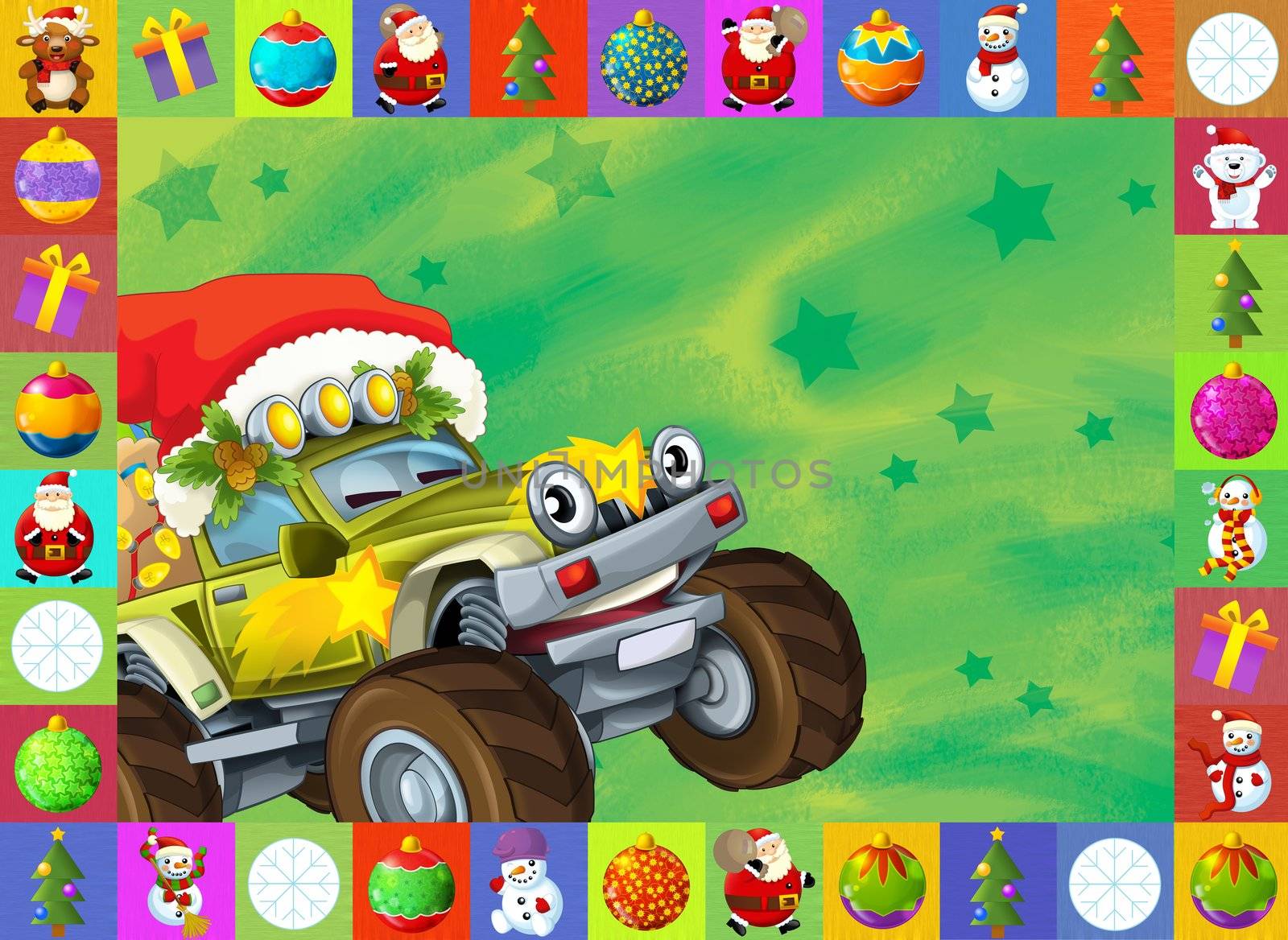 Two important children subjects - cars and christma - beautiful illustration for the children with many different elements