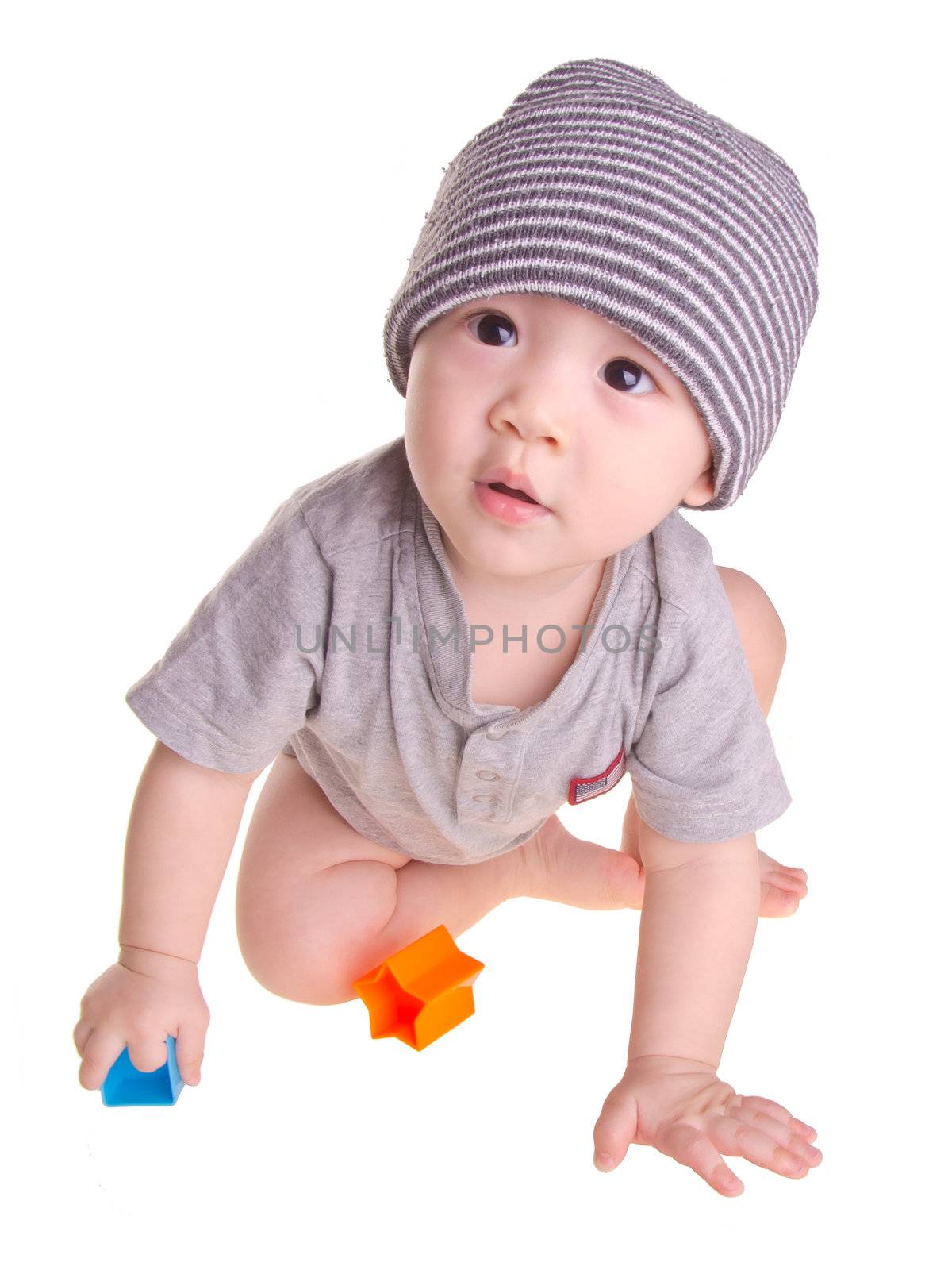 baby boy, bright picture of crawling asian baby boy