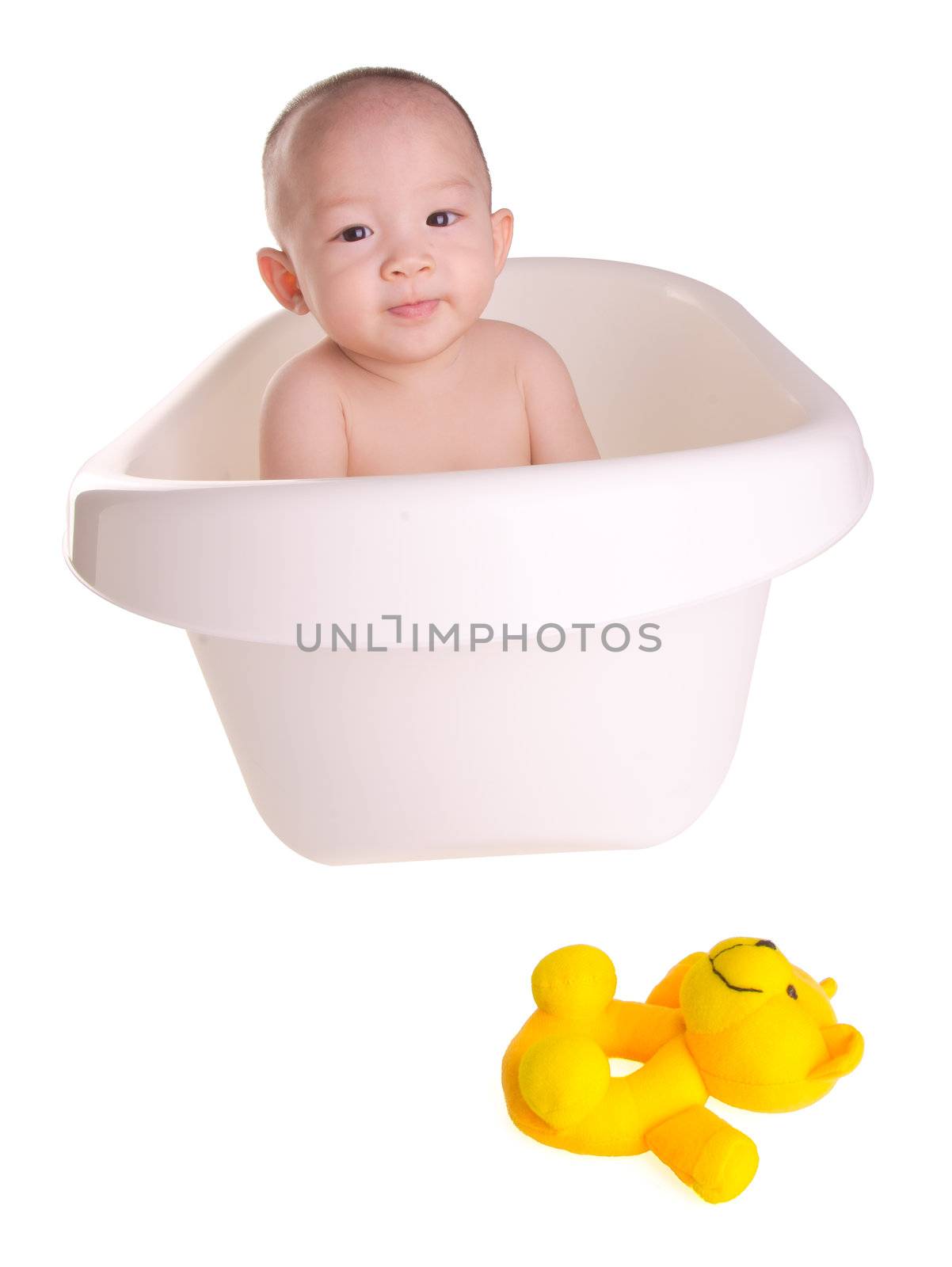baby boy, asian Cute baby having bath in tub by heinteh