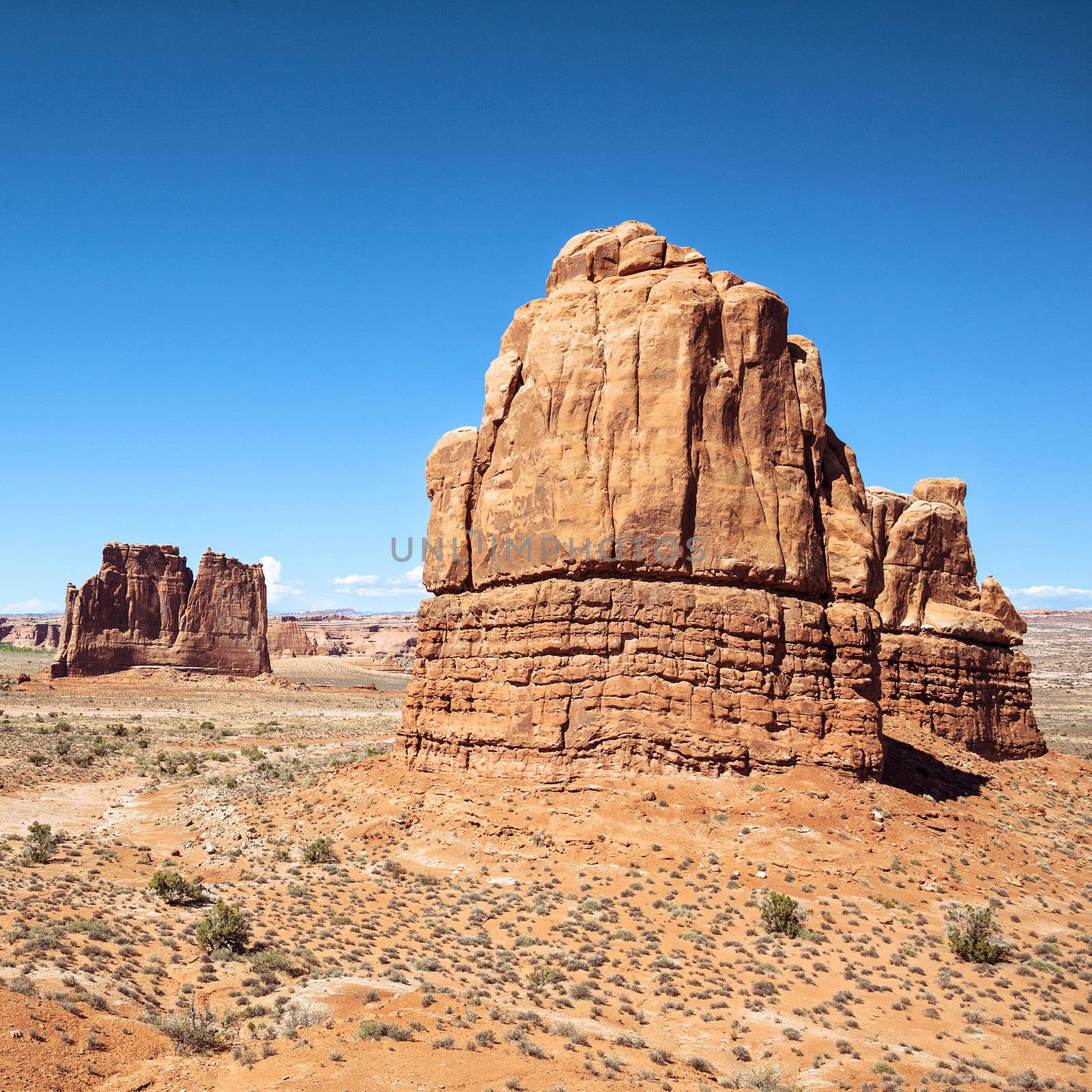 view of famous Red Rock formations, located in Arches National Park in Moab, Utah 