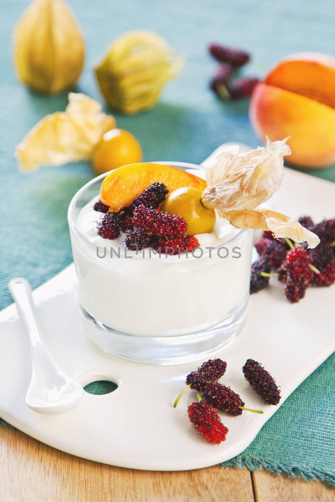 Peach with Mulberry and Gooseberry yogurt by vanillaechoes