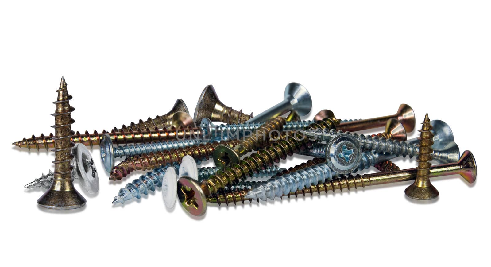 pile of screws Isolated on white. Collage.