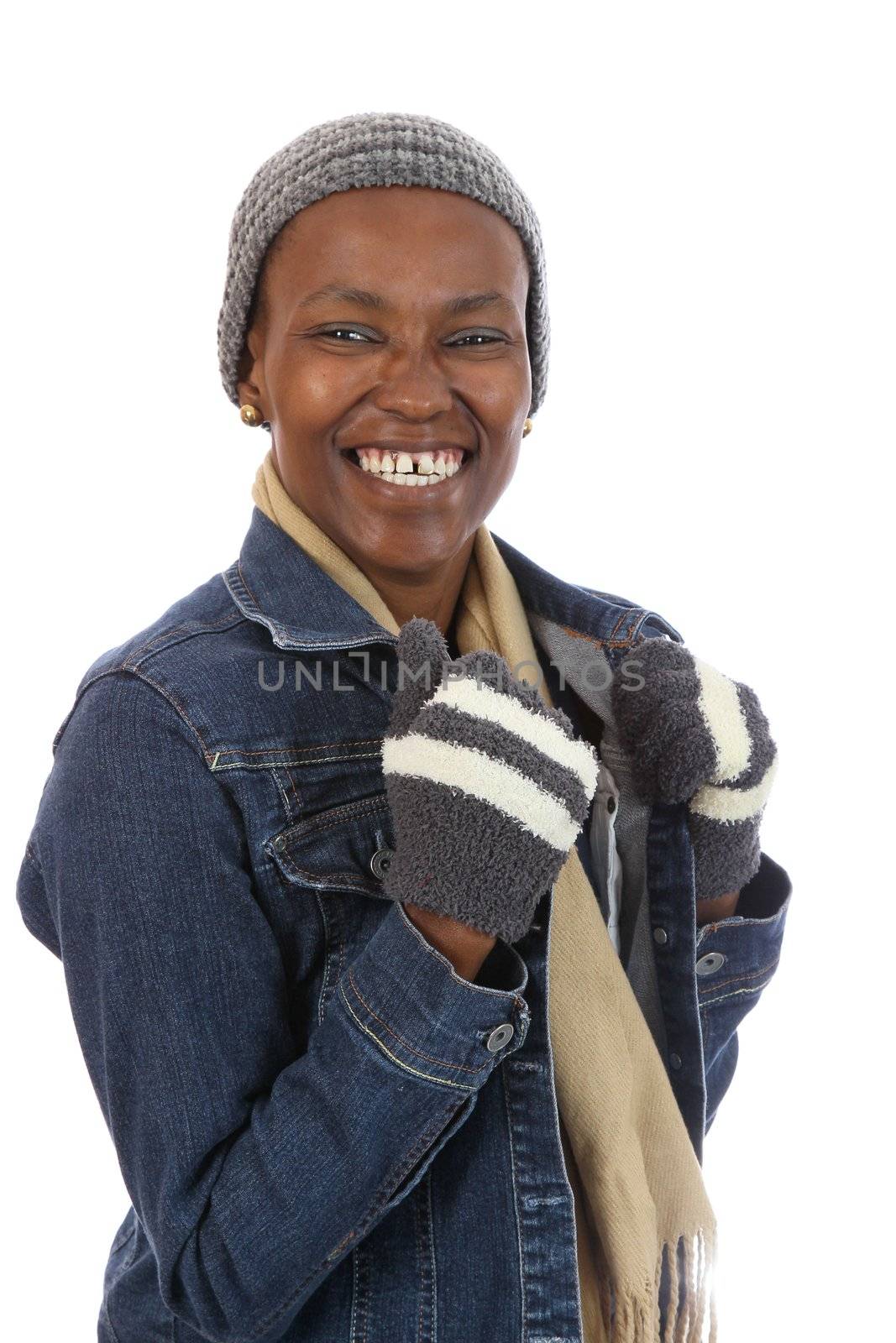 Lovely smiling African lady in woolen winter wear