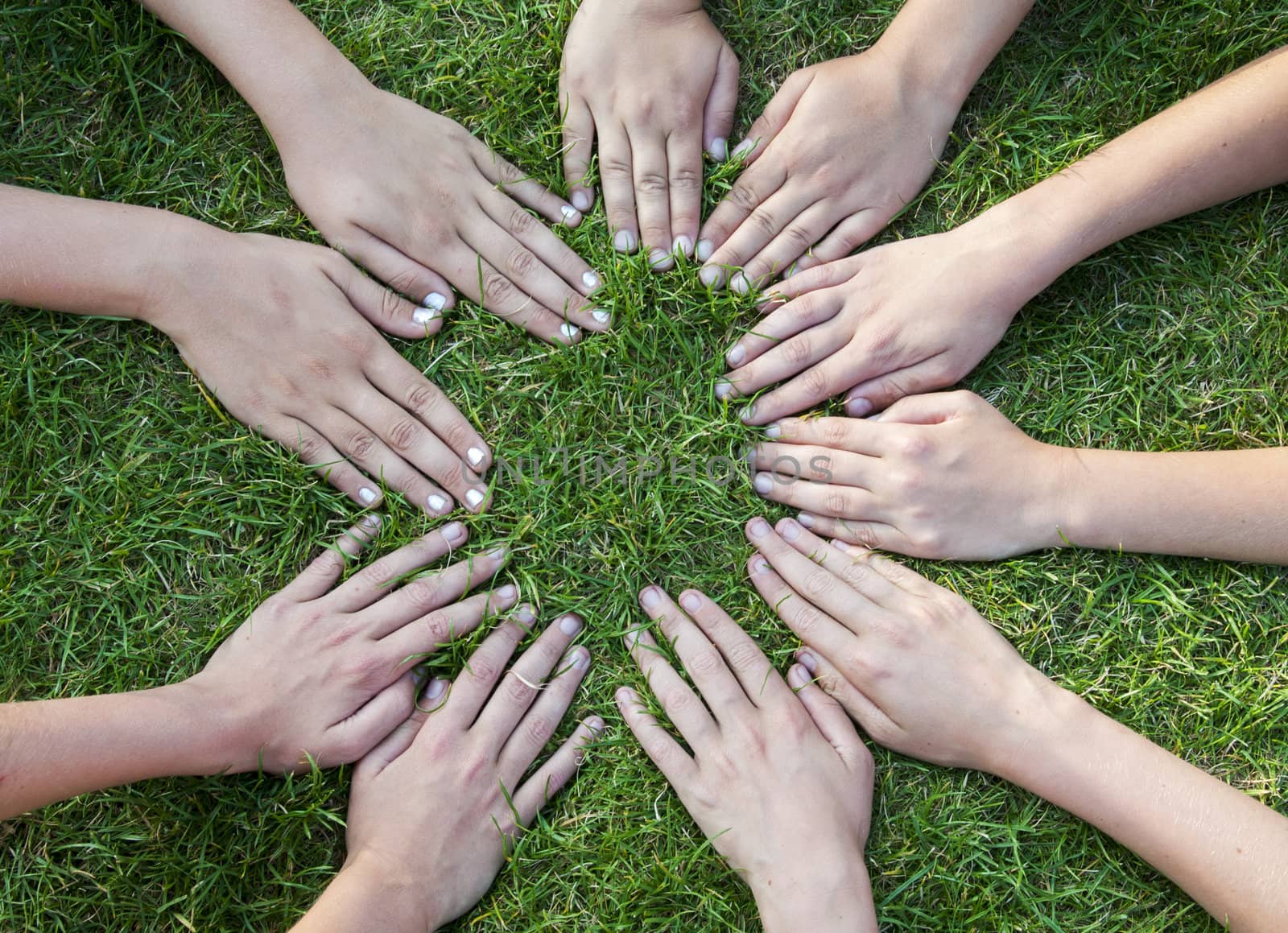 all hands together on the grass  as a team 