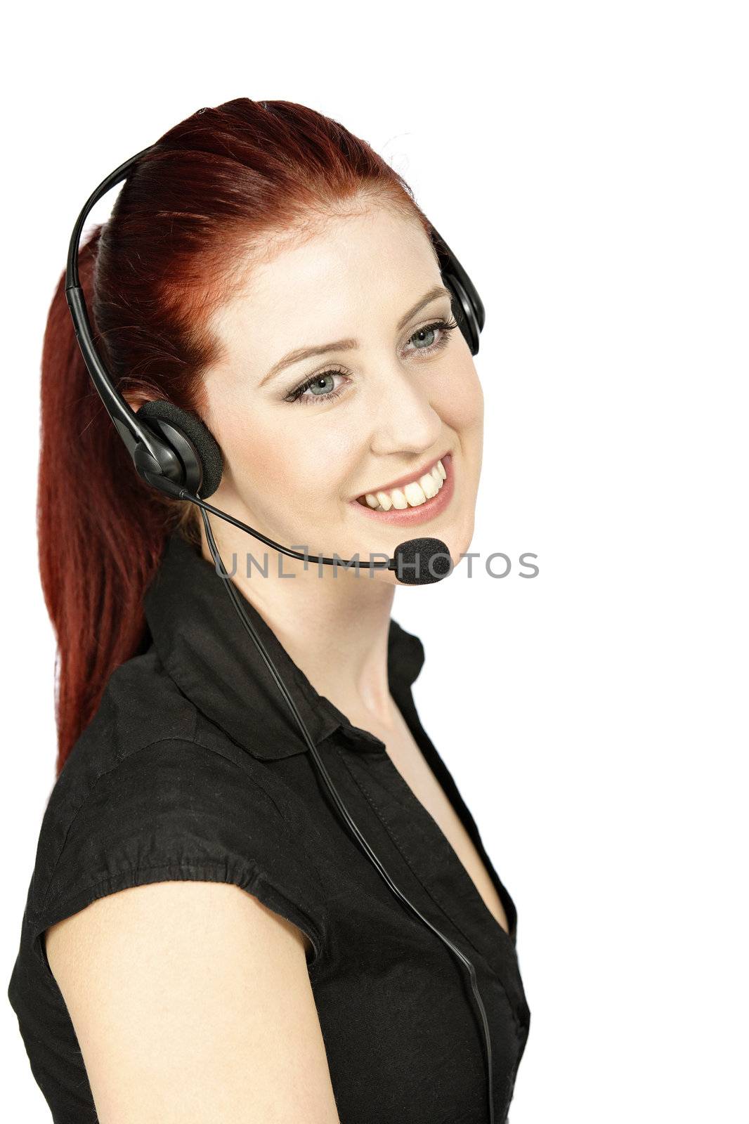 Professional woman talking on a headset in her office at work. With white background