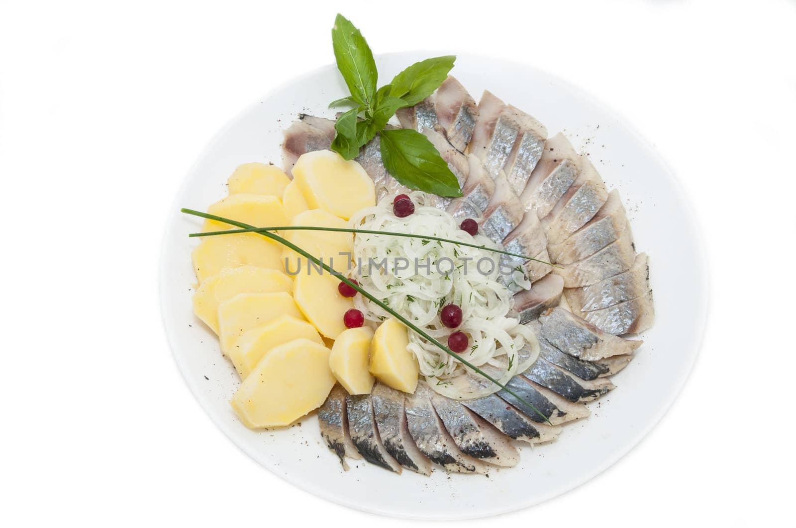 herring and potatoes on a white plate